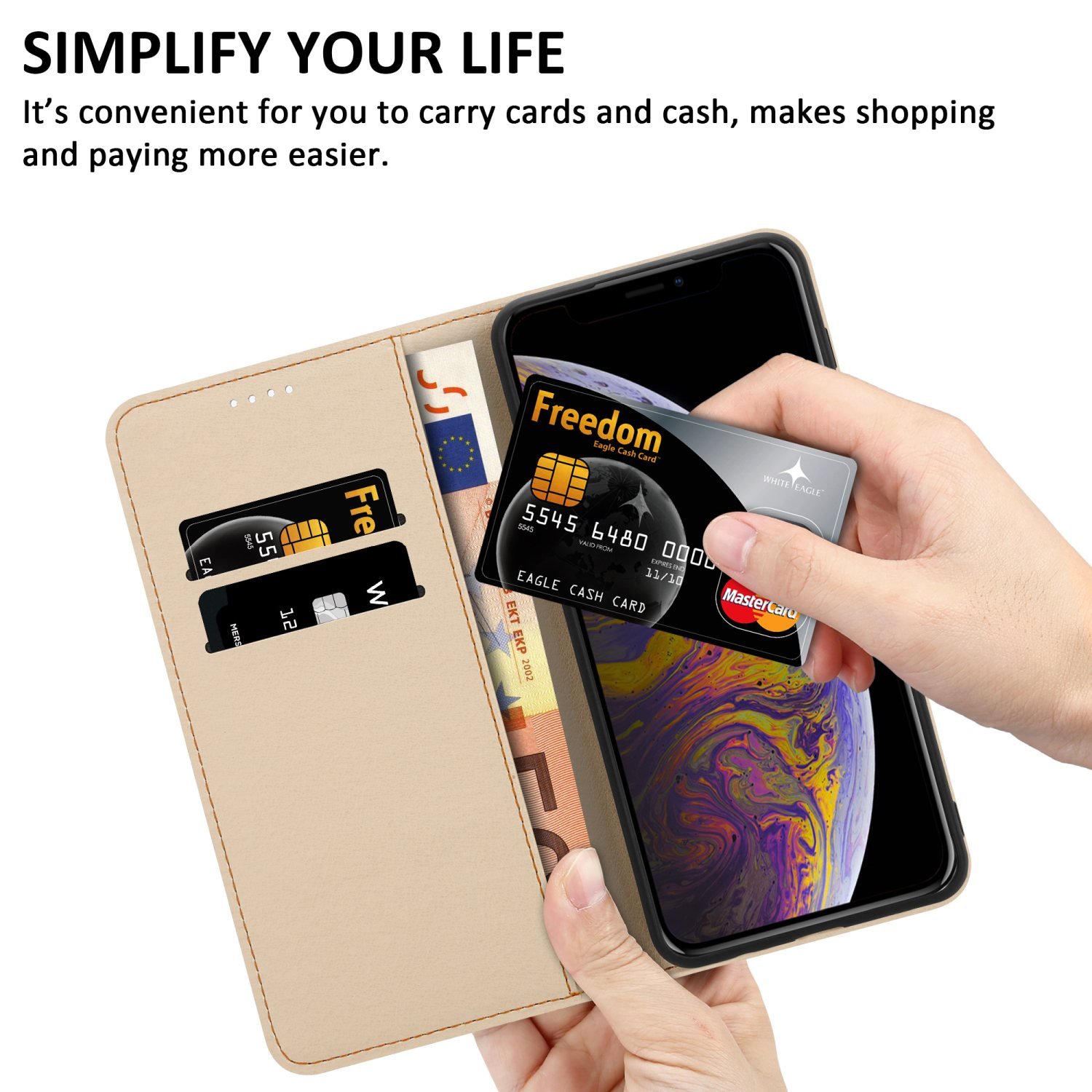 Una custodia per telefono con più slot per carte e un telefono. Carte e contanti sono visibili all'interno del portafoglio.