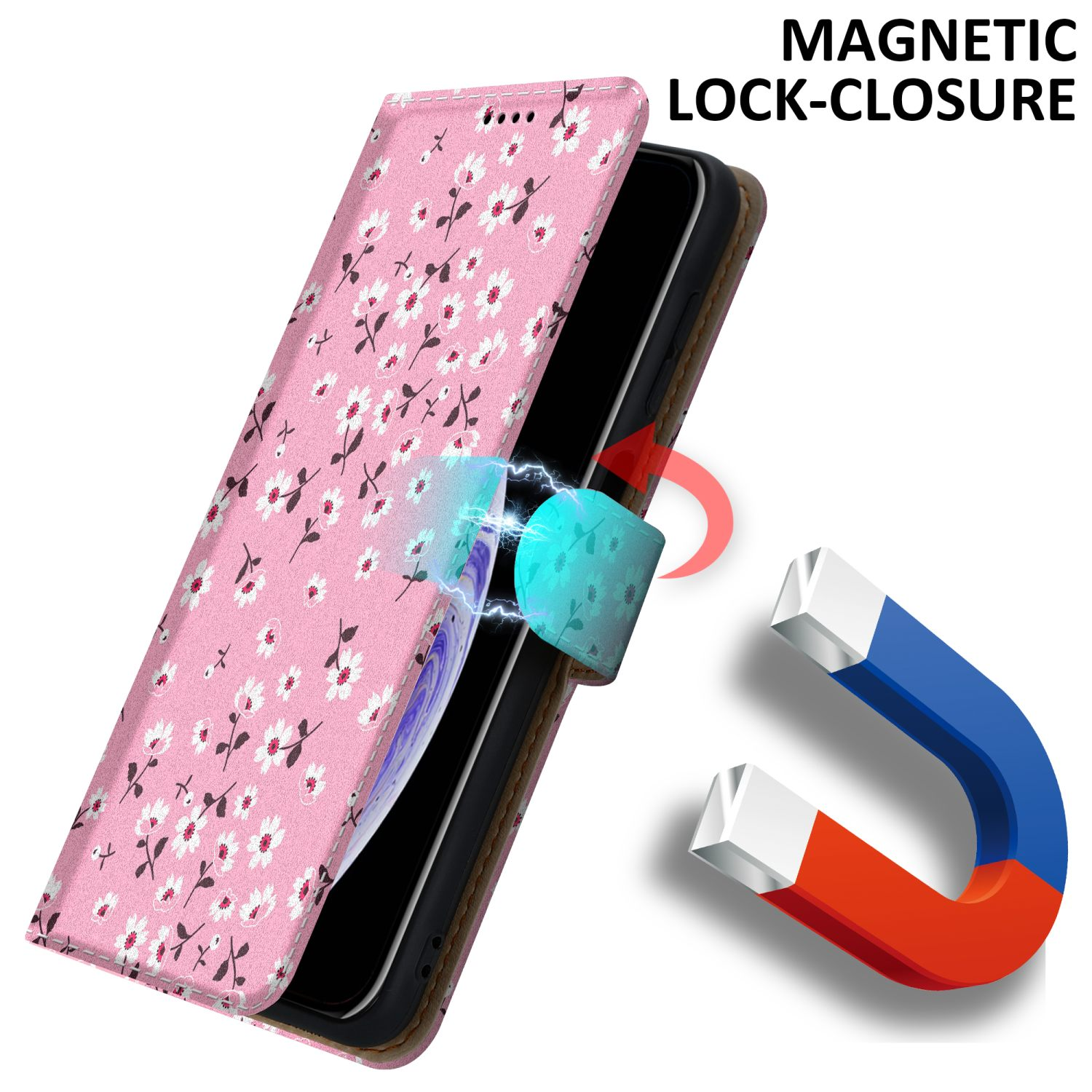 Custodia per telefono rosa con design floreale bianco, telefono all'interno. Una chiusura magnetica blu interagisce con un magnete.