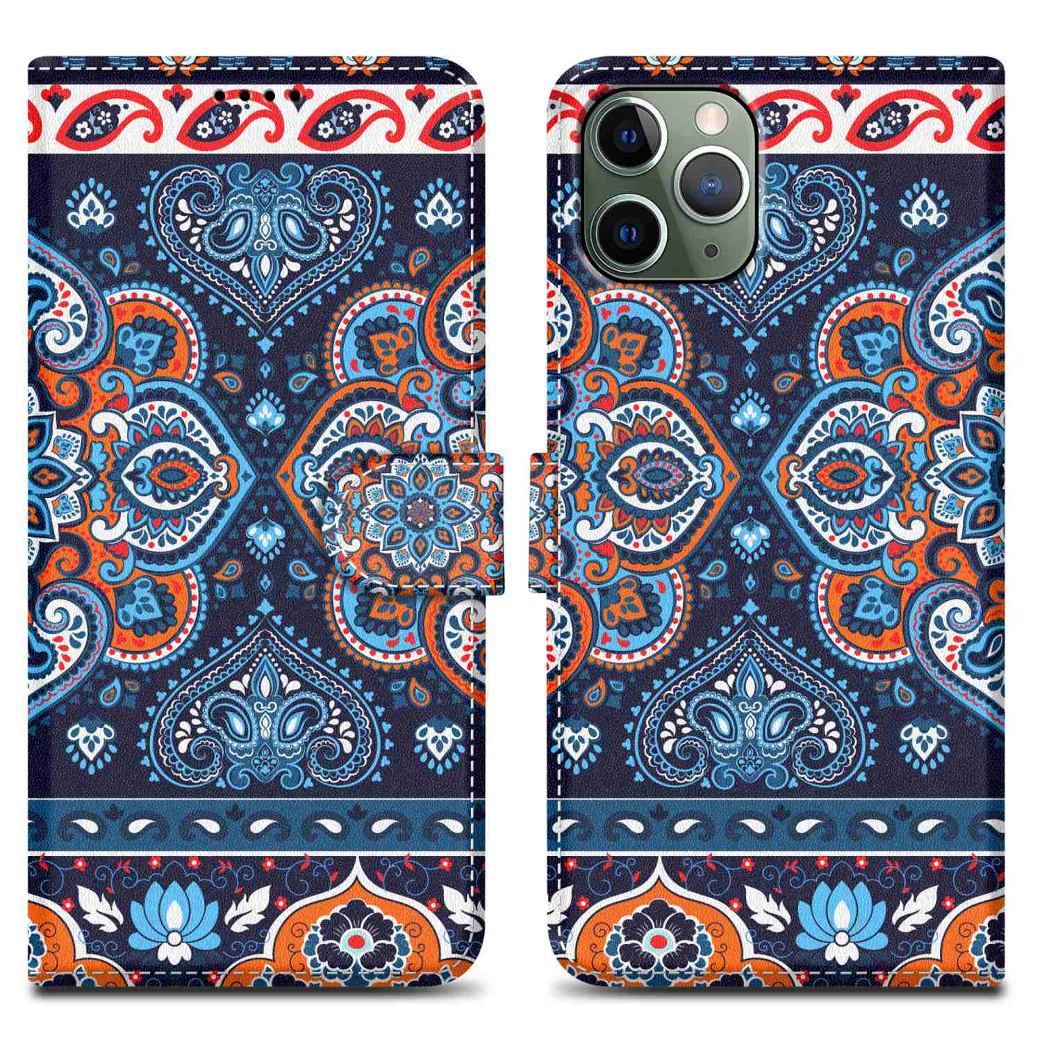 Custodia per telefono con motivo paisley blu navy, arancione e bianco.