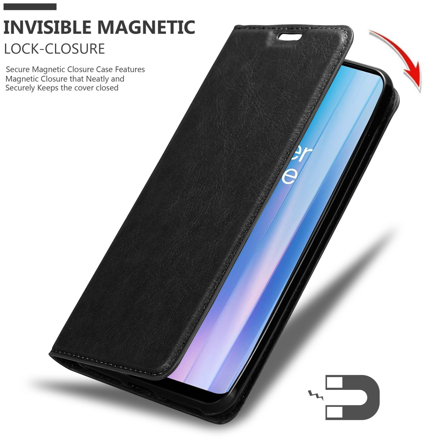Custodia nera per telefono aperta, che mostra un telefono. Testo: Chiusura magnetica invisibile.