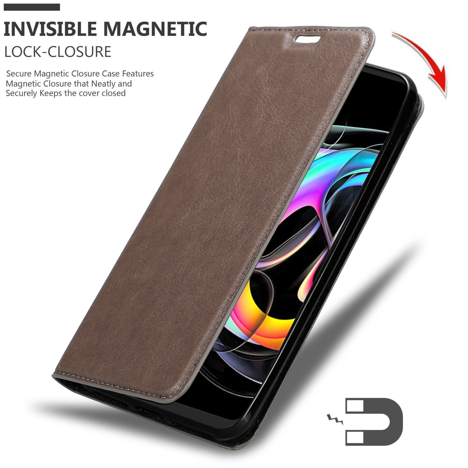 Custodia marrone con chiusura magnetica. Il telefono è all'interno.