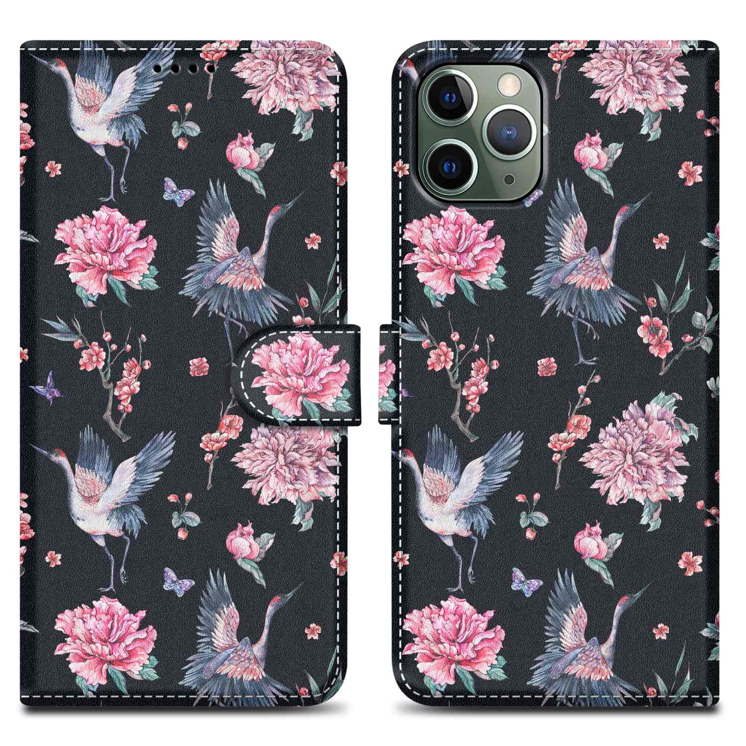 Custodia nera con design di fiori e gru.