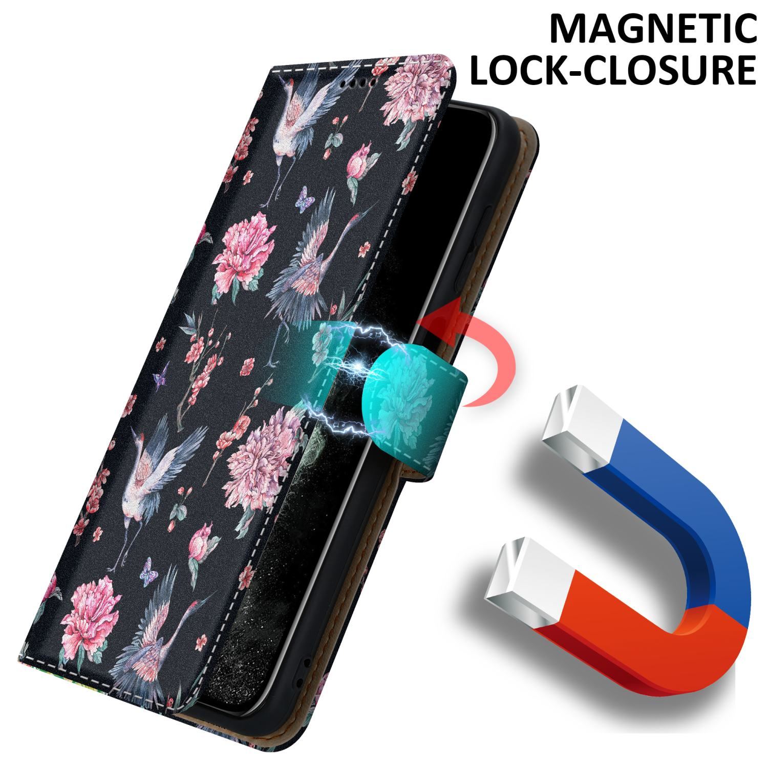 Custodia per telefono con design floreale, chiusura magnetica. Un magnete mostra come si chiude la custodia.