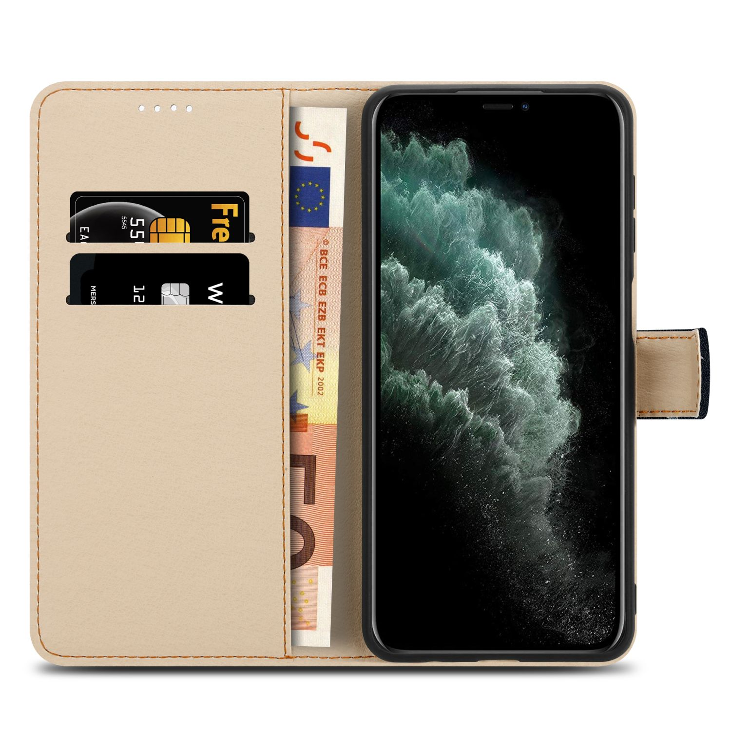 Un telefono in una custodia a portafoglio in pelle beige. Mostra carta, denaro e telefono aperto.
