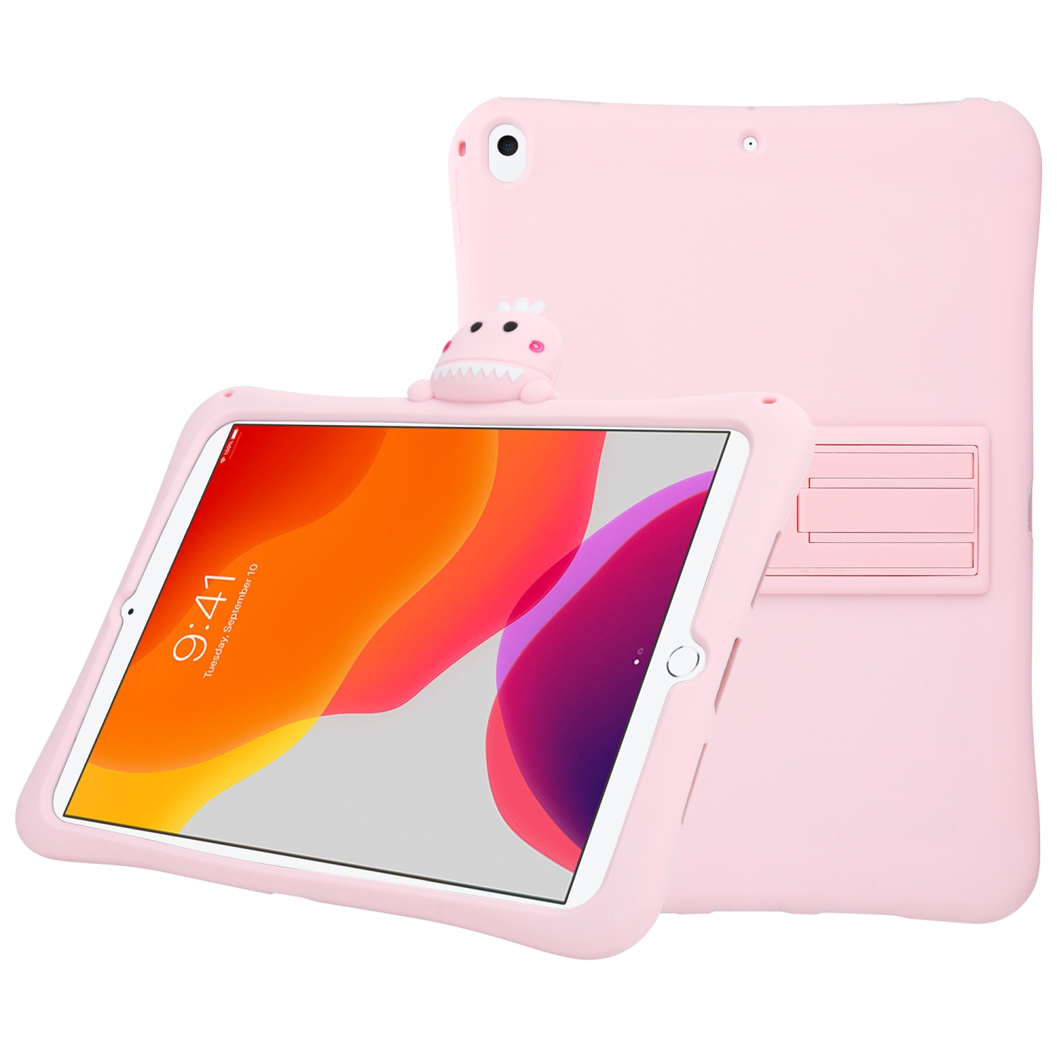 CADORABO Tablet Hülle für Apple Dinosaurier mit Silikon, Hülle TPU Backcover Handy aus Standfunktion 15 Silikon Kinder flexiblem Rosa No. für