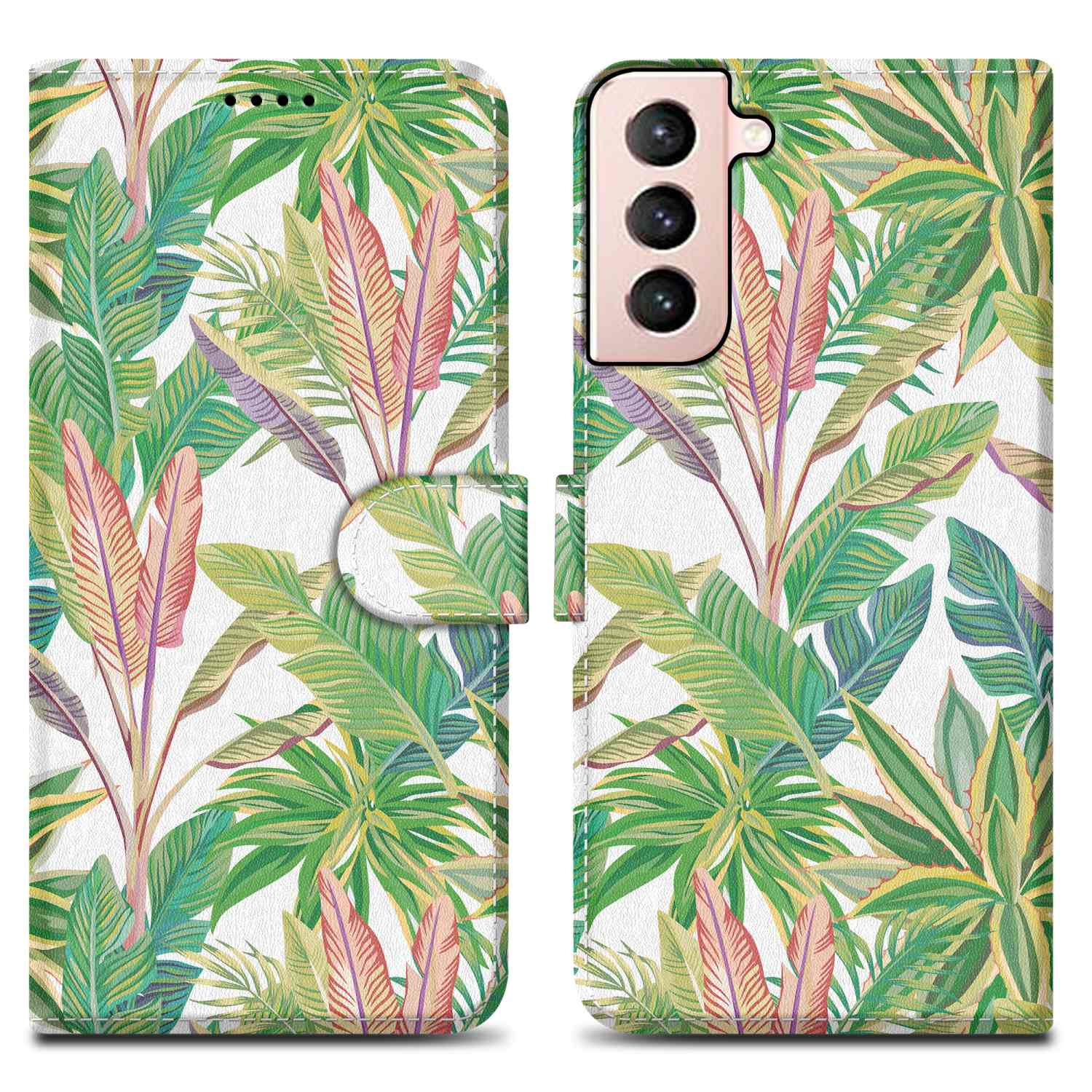 Una custodia per telefono con un motivo di foglie tropicali su sfondo bianco.
