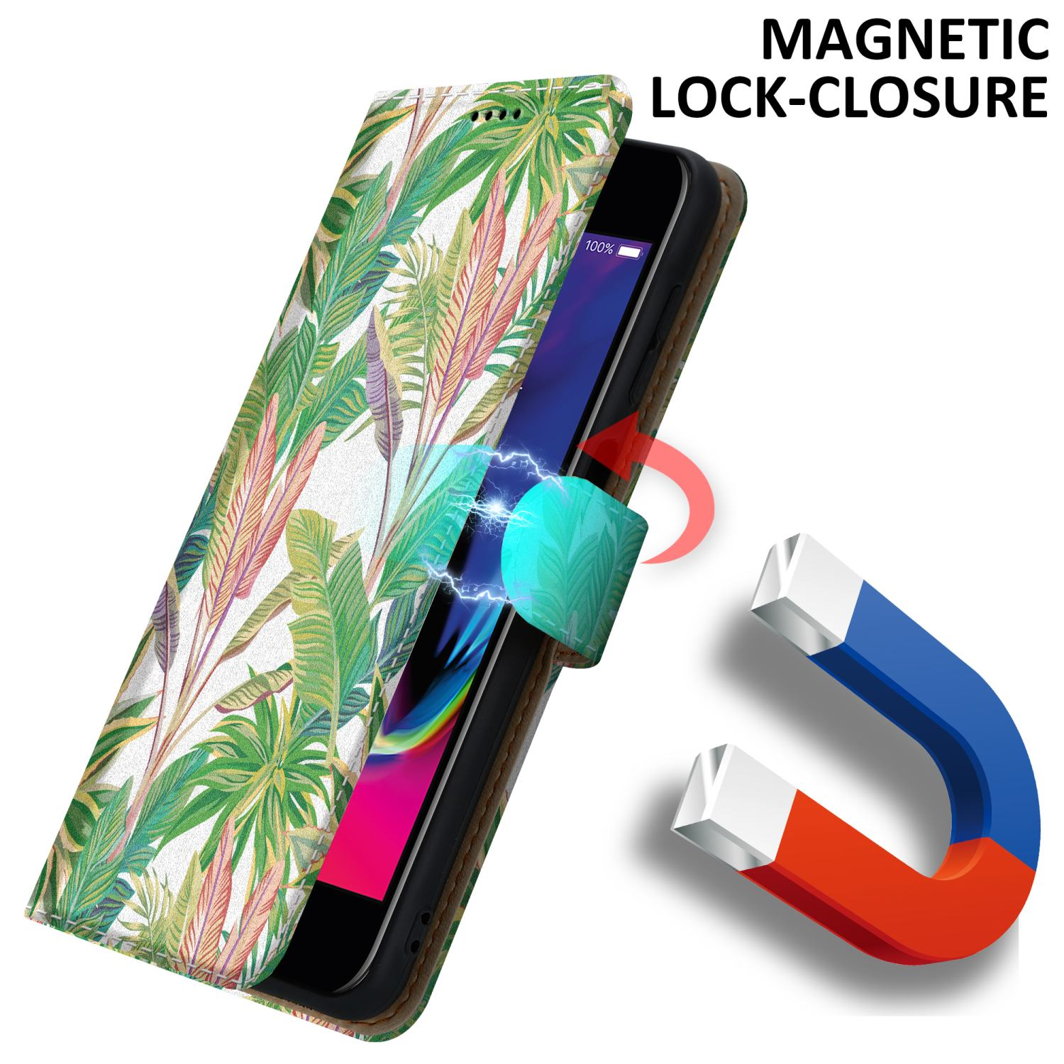 Una custodia per telefono con un motivo a foglie tropicali, con chiusura magnetica. Schermo mostra immagine.