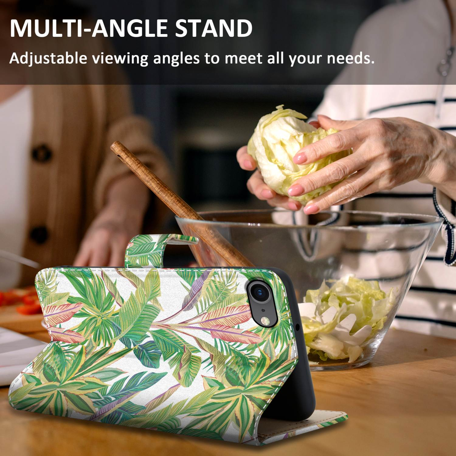 Custodia aperta con design a foglie tropicali. Donna prepara cibo, supporto multi-angolo.