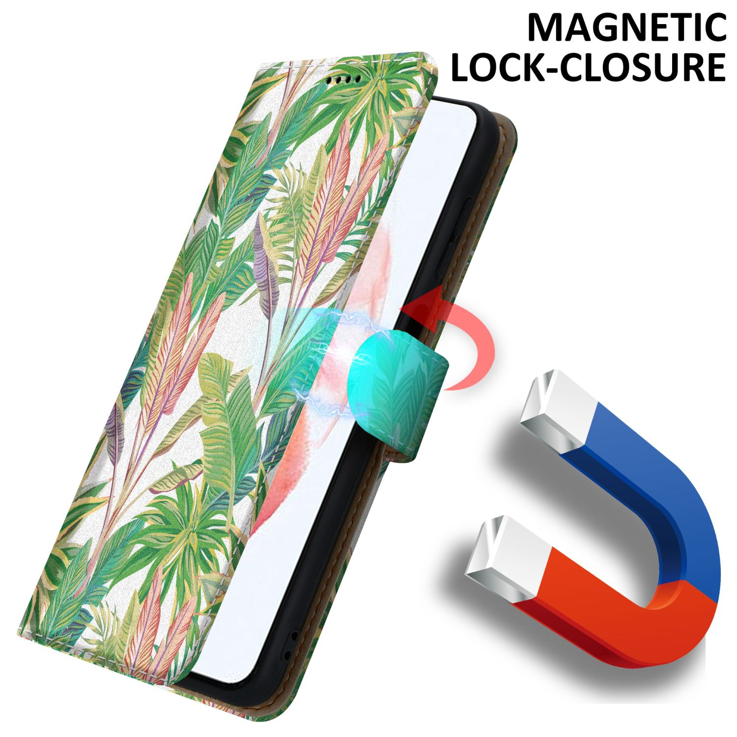 Custodia per telefono con design tropicale. Viene mostrato il magnete. Testo: Chiusura magnetica.
