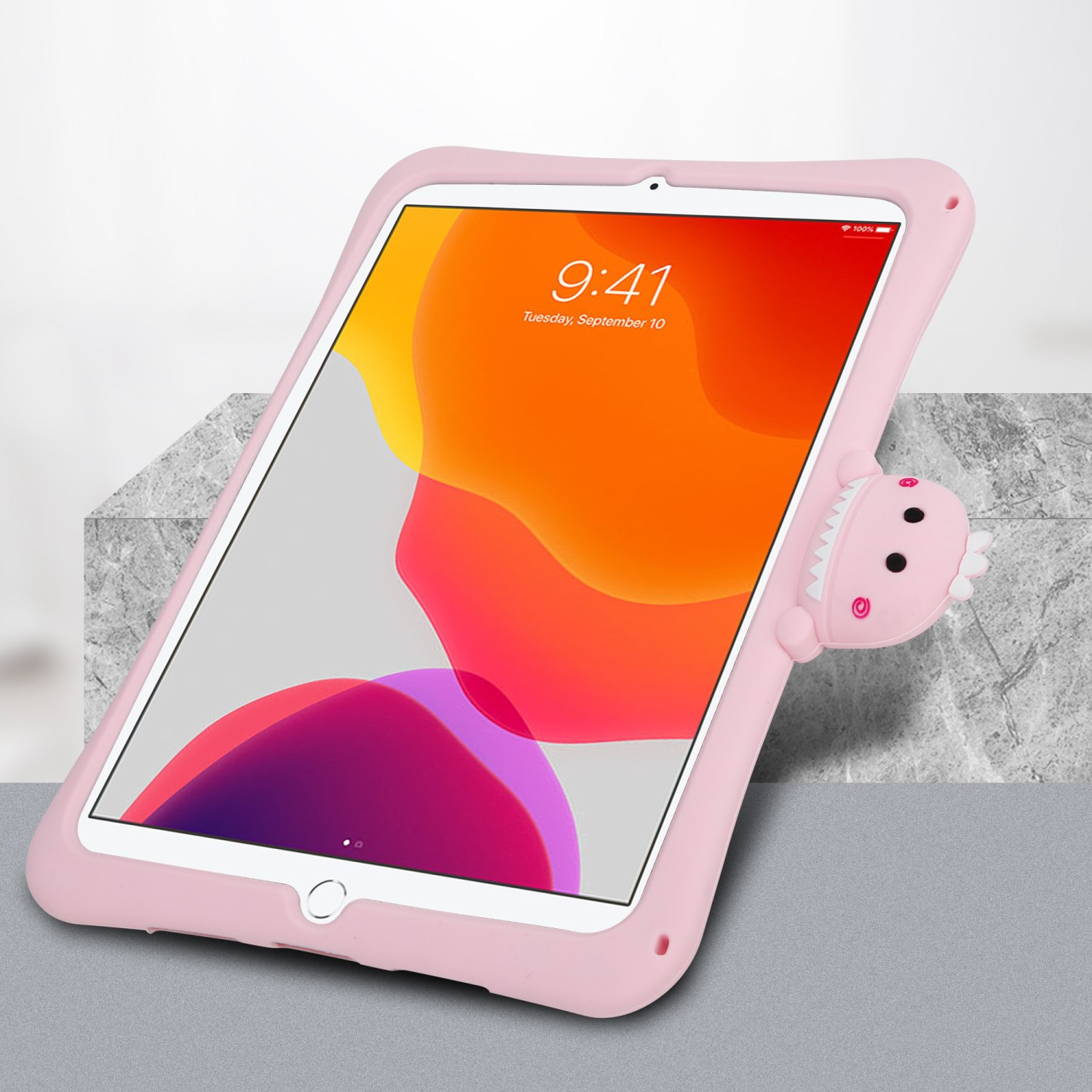 CADORABO Tablet Hülle für Handy Backcover Hülle Silikon TPU Standfunktion für Silikon, Dinosaurier 15 No. mit flexiblem Rosa Apple aus Kinder
