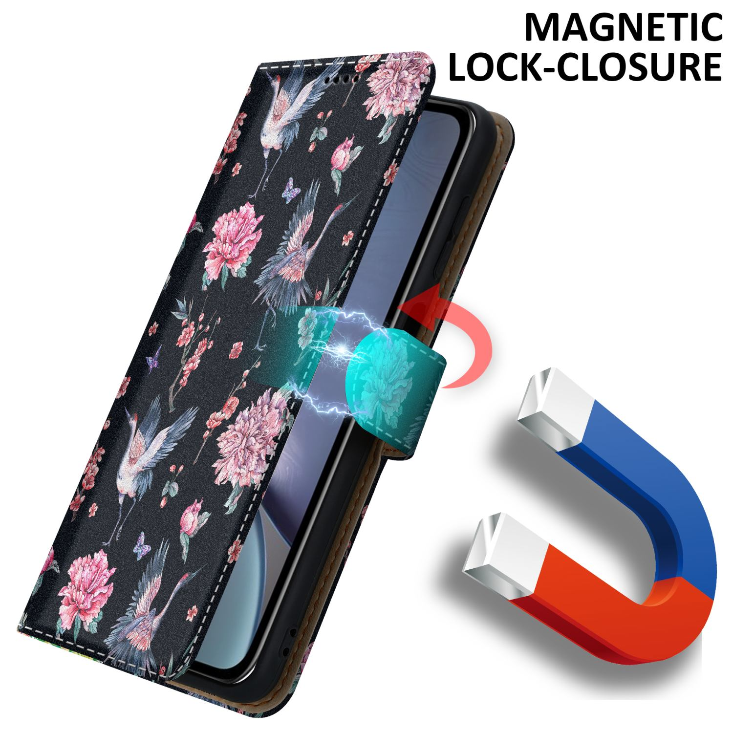 Custodia per telefono nera aperta per mostrare il telefono. La chiusura magnetica è evidenziata. Design floreale. Fiori rosa.