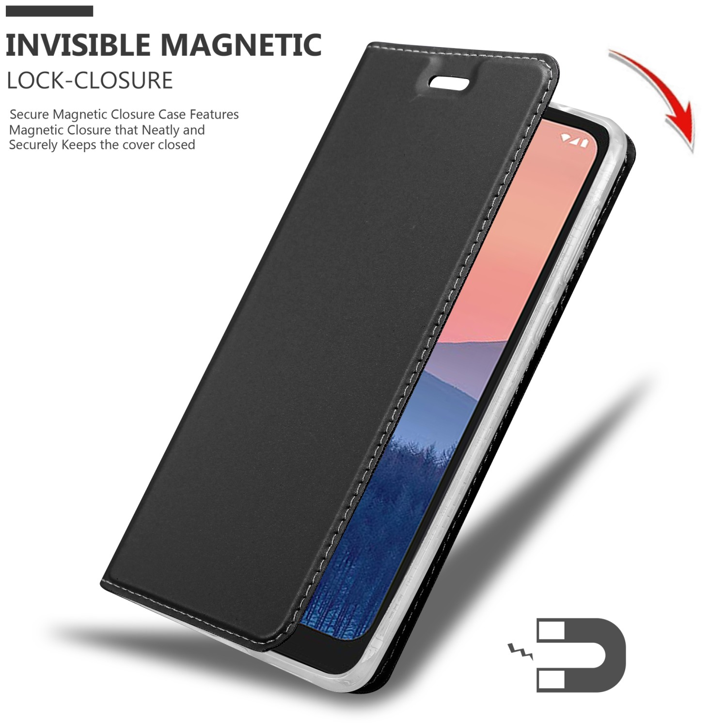 Custodia nera per telefono con telefono all'interno. La custodia si apre rivelando lo schermo, con chiusura magnetica.