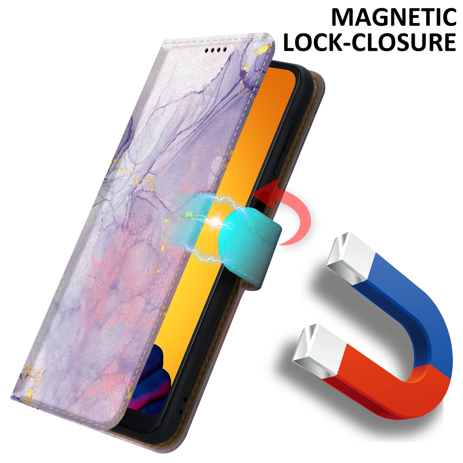 Telefono in custodia con design marmo. Testo: Magnetic Lock-Closure. Magnete visibile.