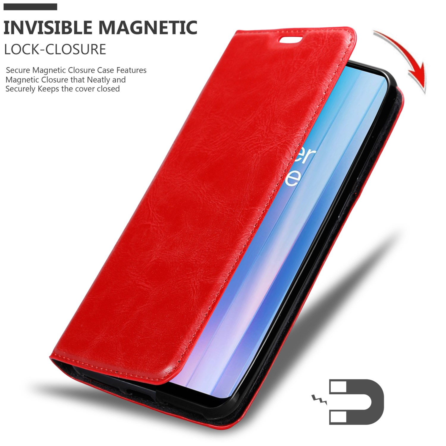 Custodia del telefono rossa, aperta per rivelare lo schermo del telefono. Bordo nero, chiusura magnetica.
