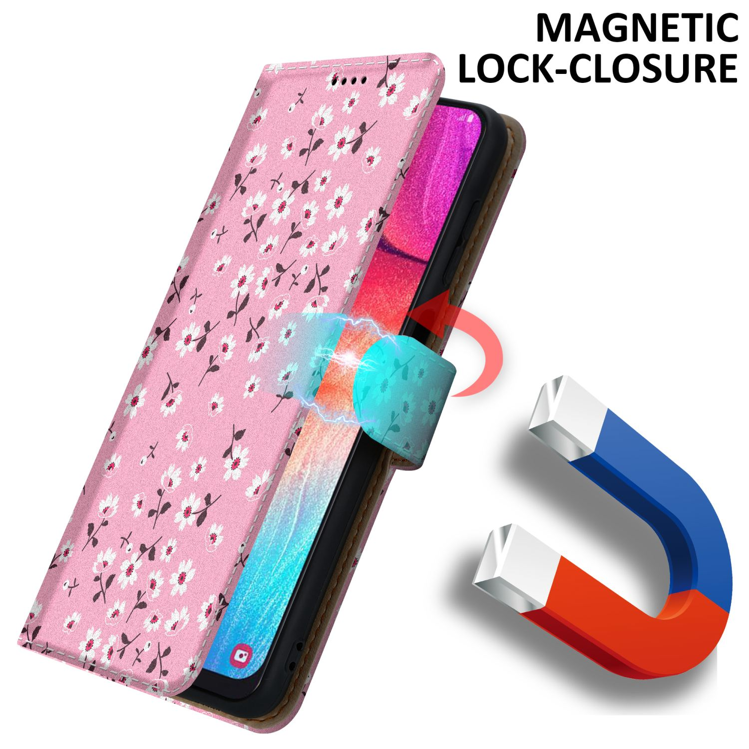 Custodia per telefono rosa floreale con chiusura magnetica e un magnete che mostra la forza magnetica.
