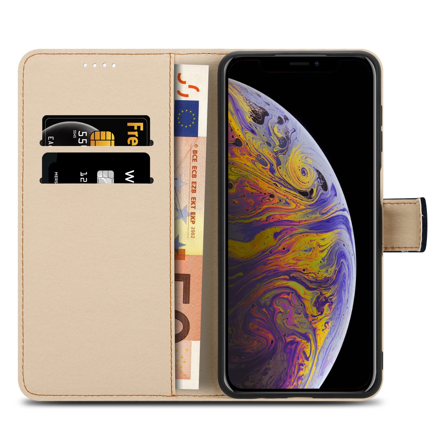 Custodia a portafoglio per telefono con carte, denaro e un telefono che mostra lo schermo. Colore beige.