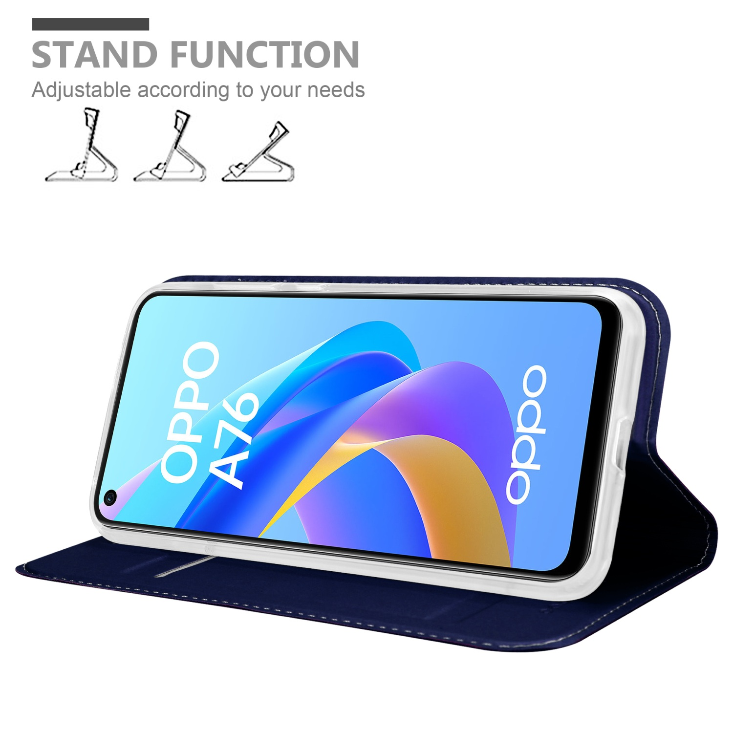 Custodia blu con logo OPPO. Grafica della funzione stand.