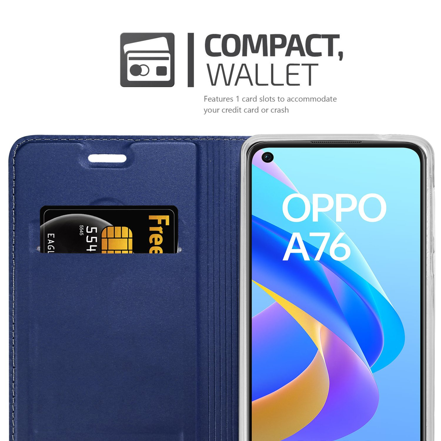 Custodia blu con carta di credito e schermo del telefono visibile. Testo: Compatto, Portafoglio. 1 slot.