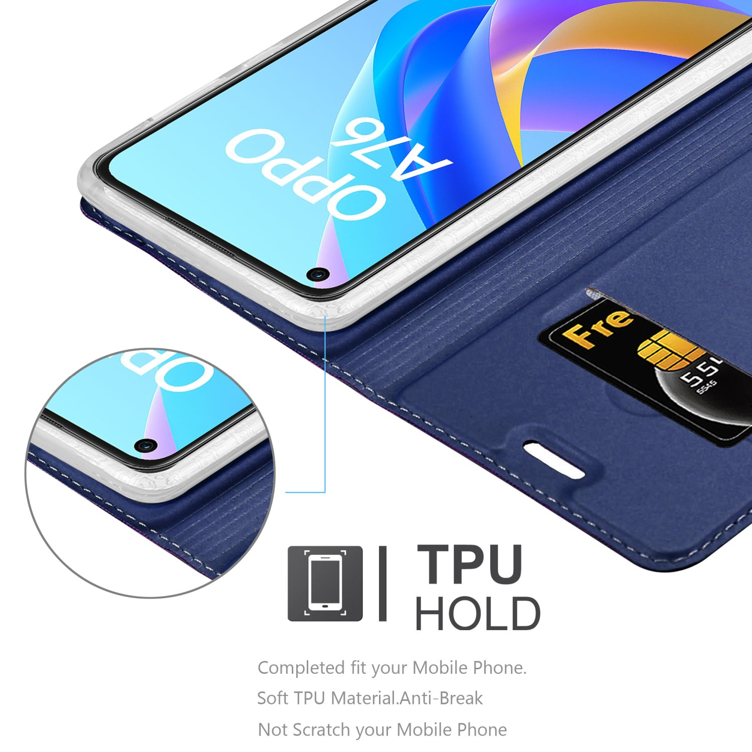 Custodia blu per telefono con telefono e carta. Il telefono mostra uno schermo.