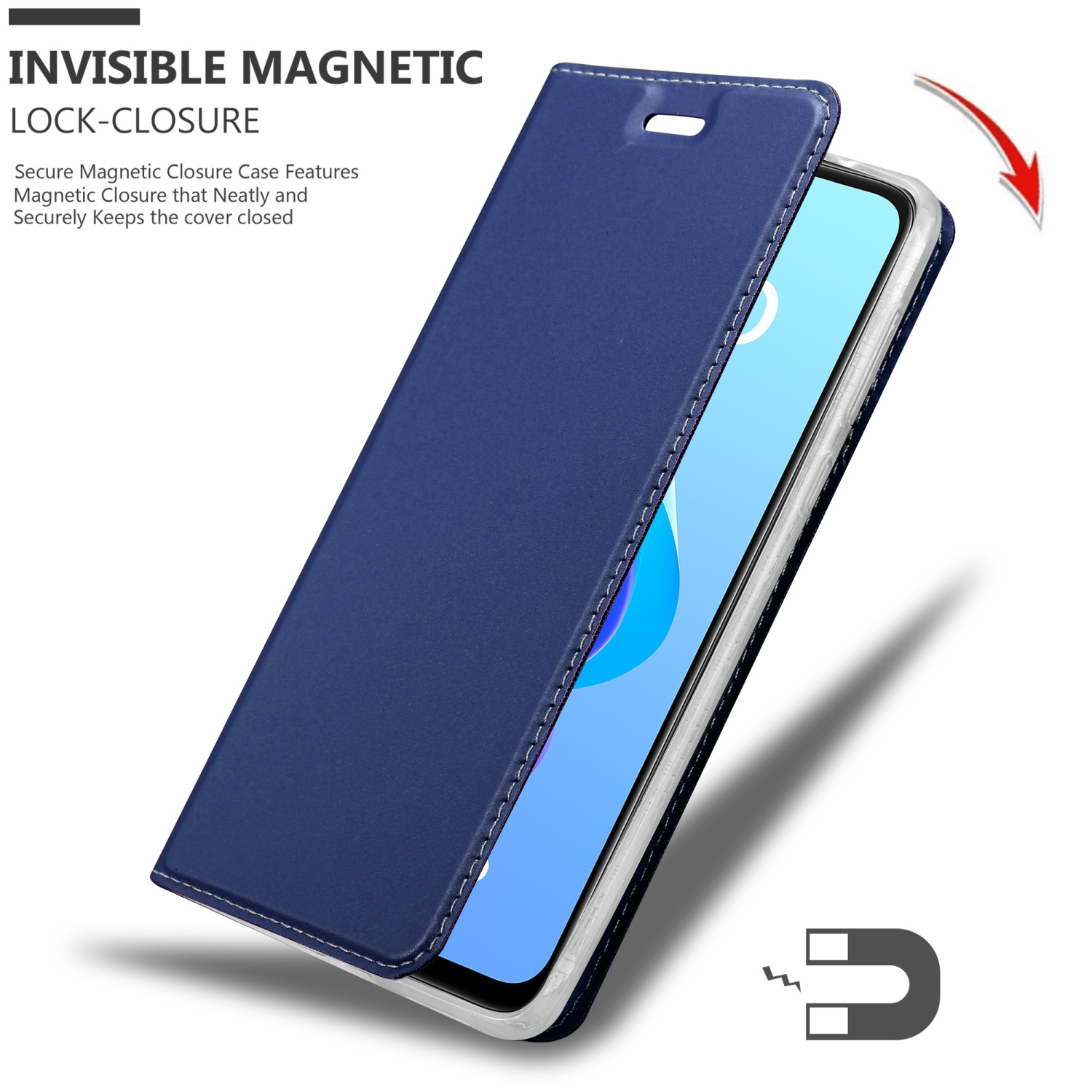 Custodia blu aperta, che mostra il telefono. Testo: 'Invisible Magnetic Lock-Closure'.