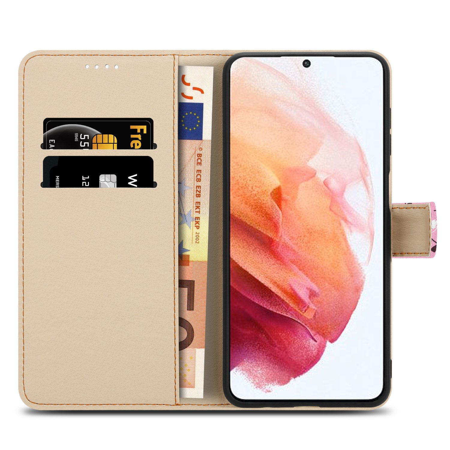 Custodia del telefono aperta. Telefono dentro. Carte e denaro negli slot. Design beige e rosa.