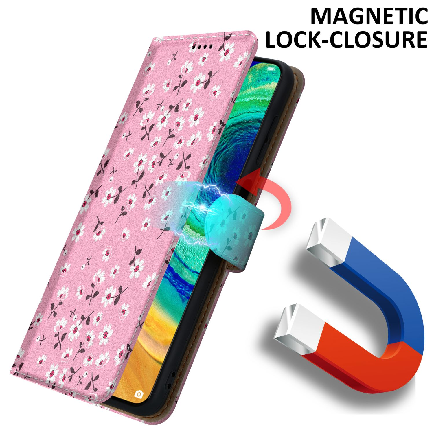 Custodia per telefono rosa floreale, con chiusura magnetica e un magnete.