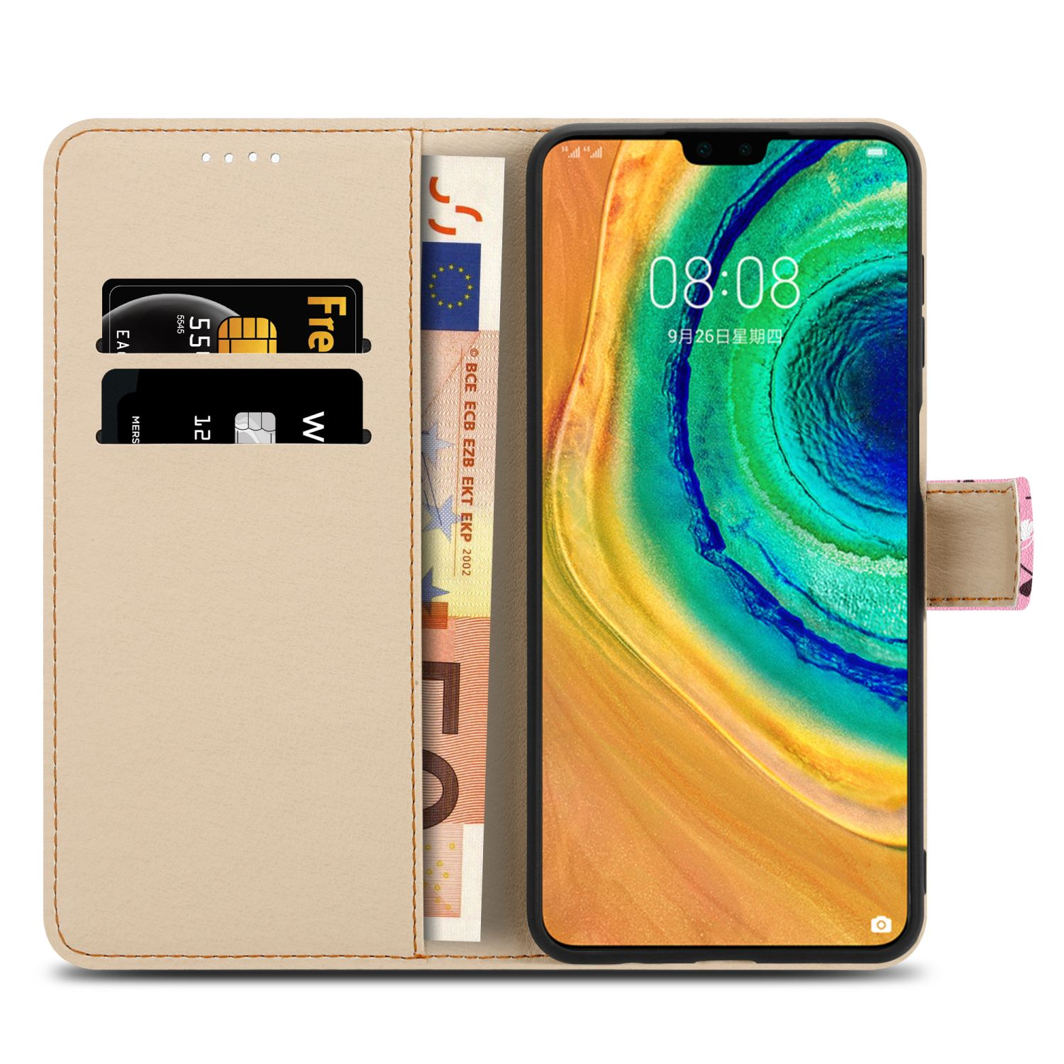Una custodia per telefono marrone chiaro aperta con carte e denaro all'interno. Un telefono è visibile.