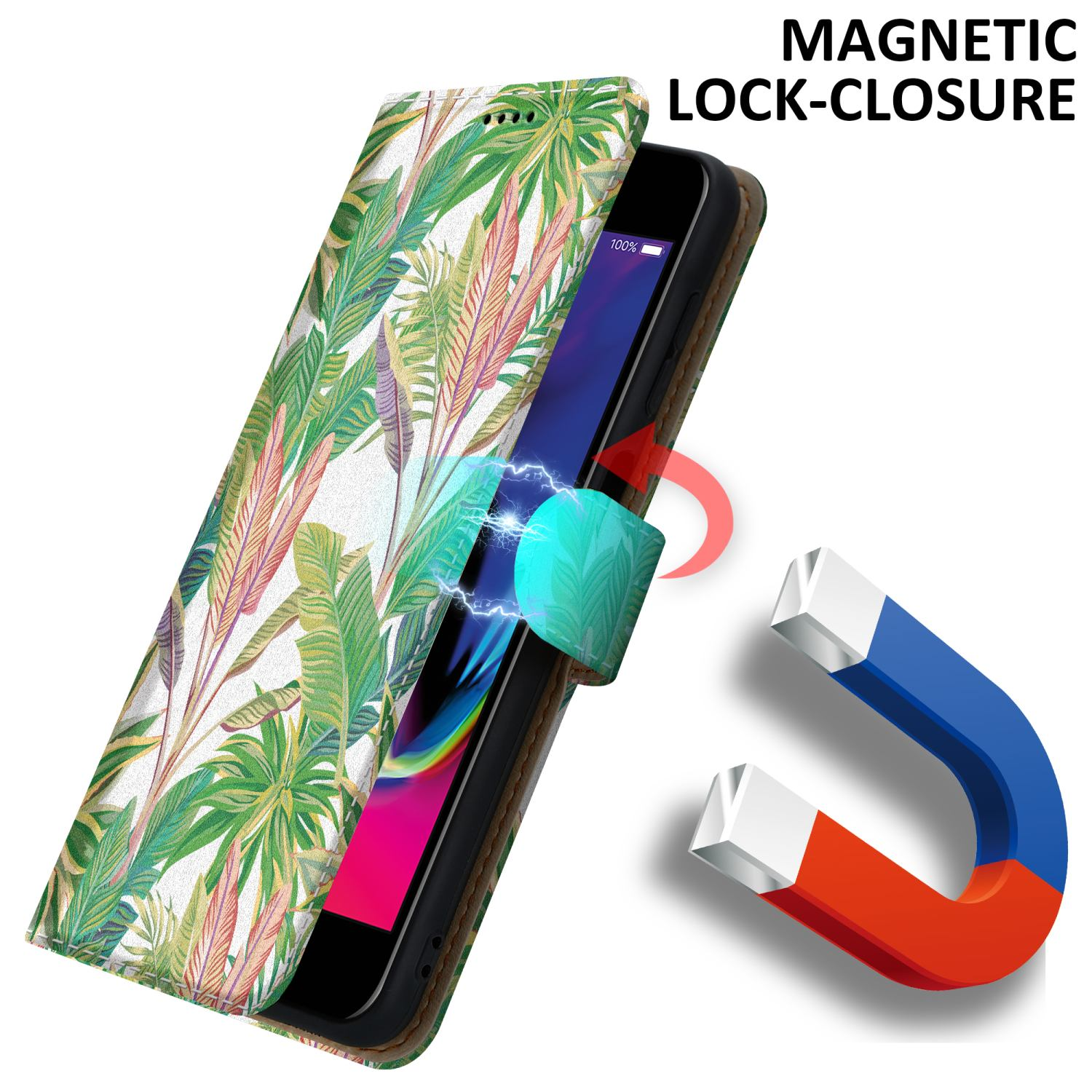 Una custodia per telefono con chiusura magnetica. Il telefono è nella custodia con uno sfondo verde e bianco.