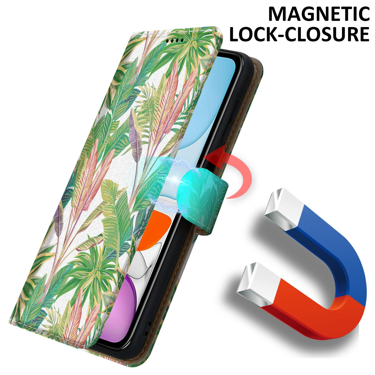 Telefon in floralem Case mit Magnetverschluss. Magnet zeigt die Anziehung. Text: MAGNETVERSCHLUSS.
