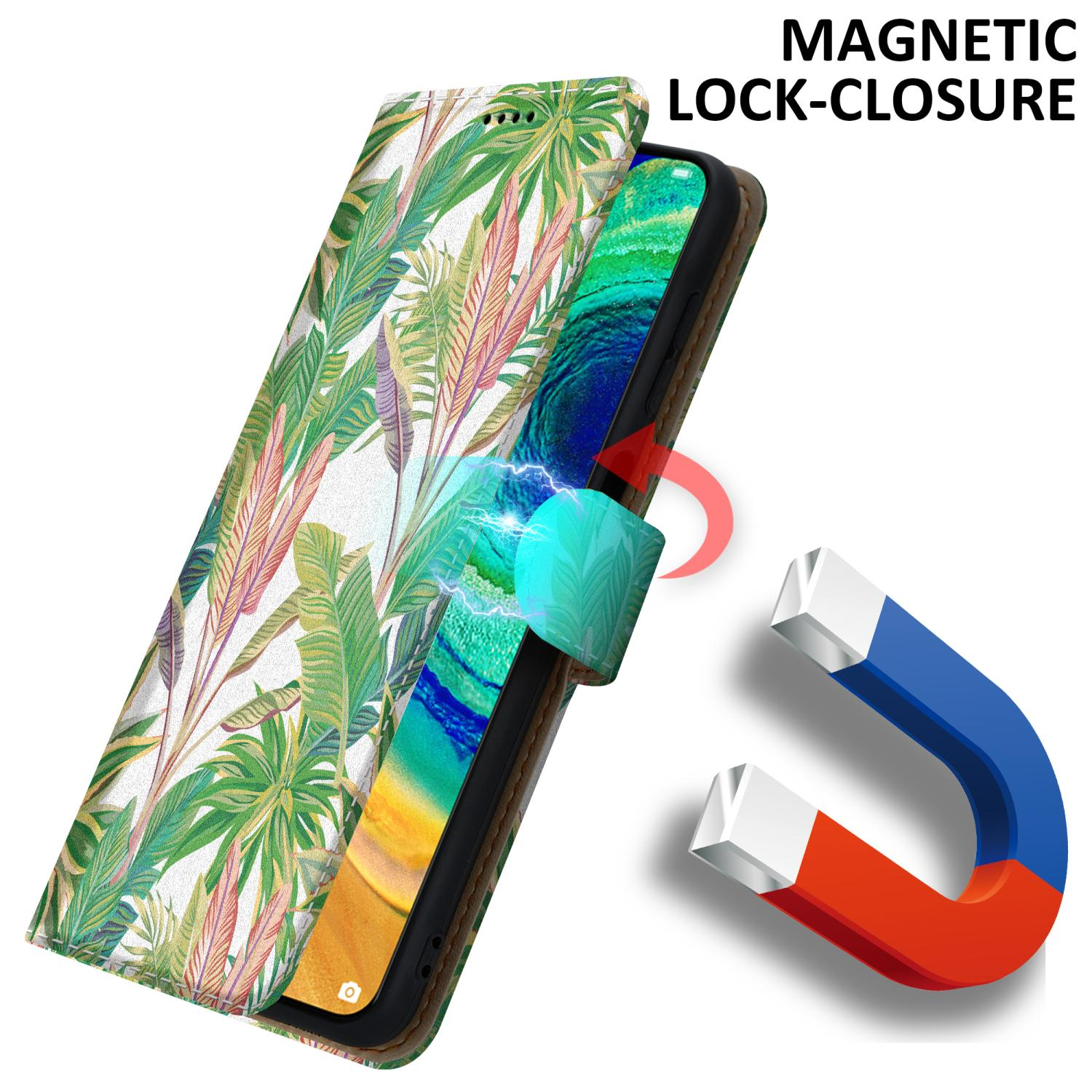 Custodia del telefono aperta, che mostra il telefono. Custodia bianca con foglie verdi e accenti rosa. Chiusura magnetica.