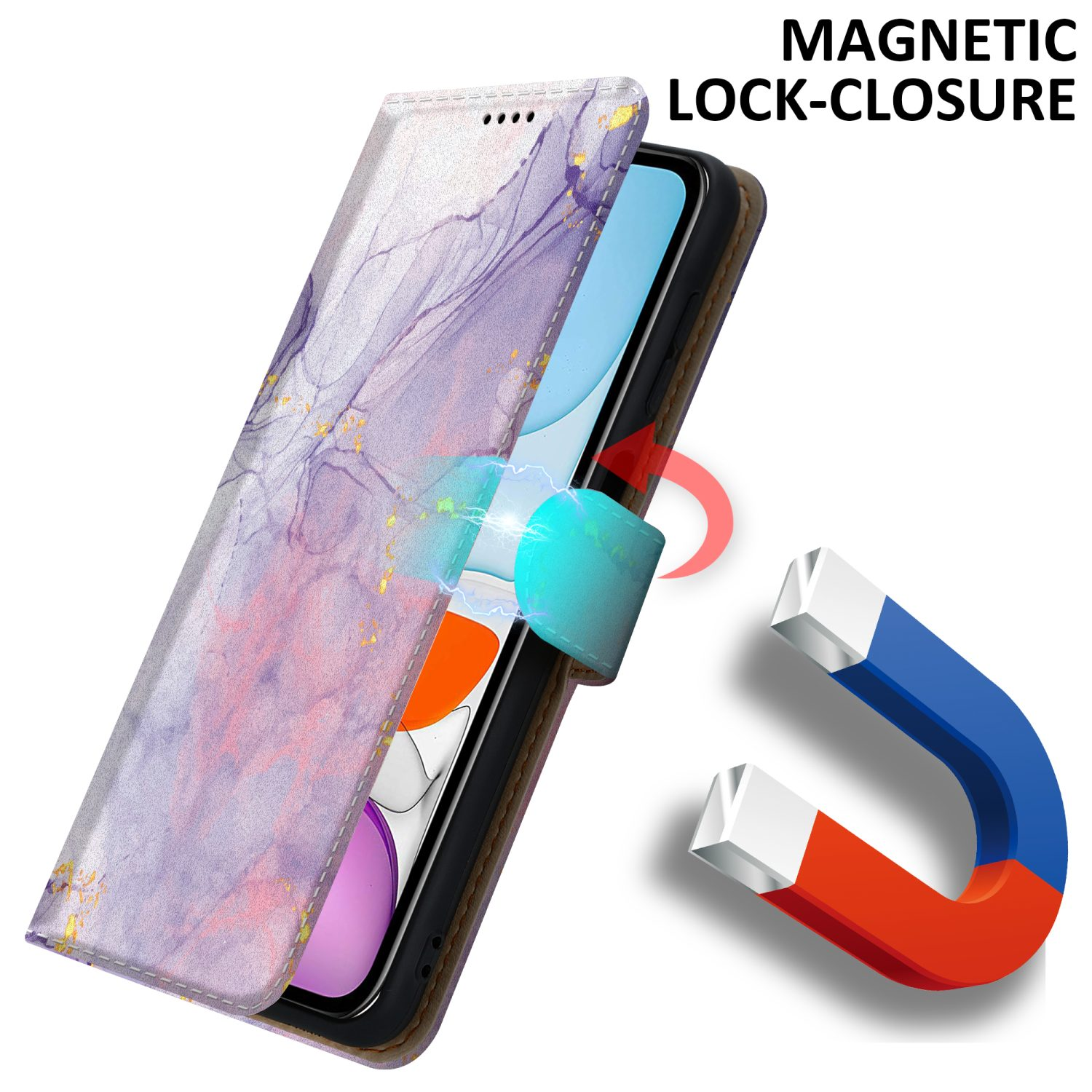 Eine Handyhülle mit Marmordesign und Magnetverschluss, mit Magnet, der den Schließeffekt zeigt.