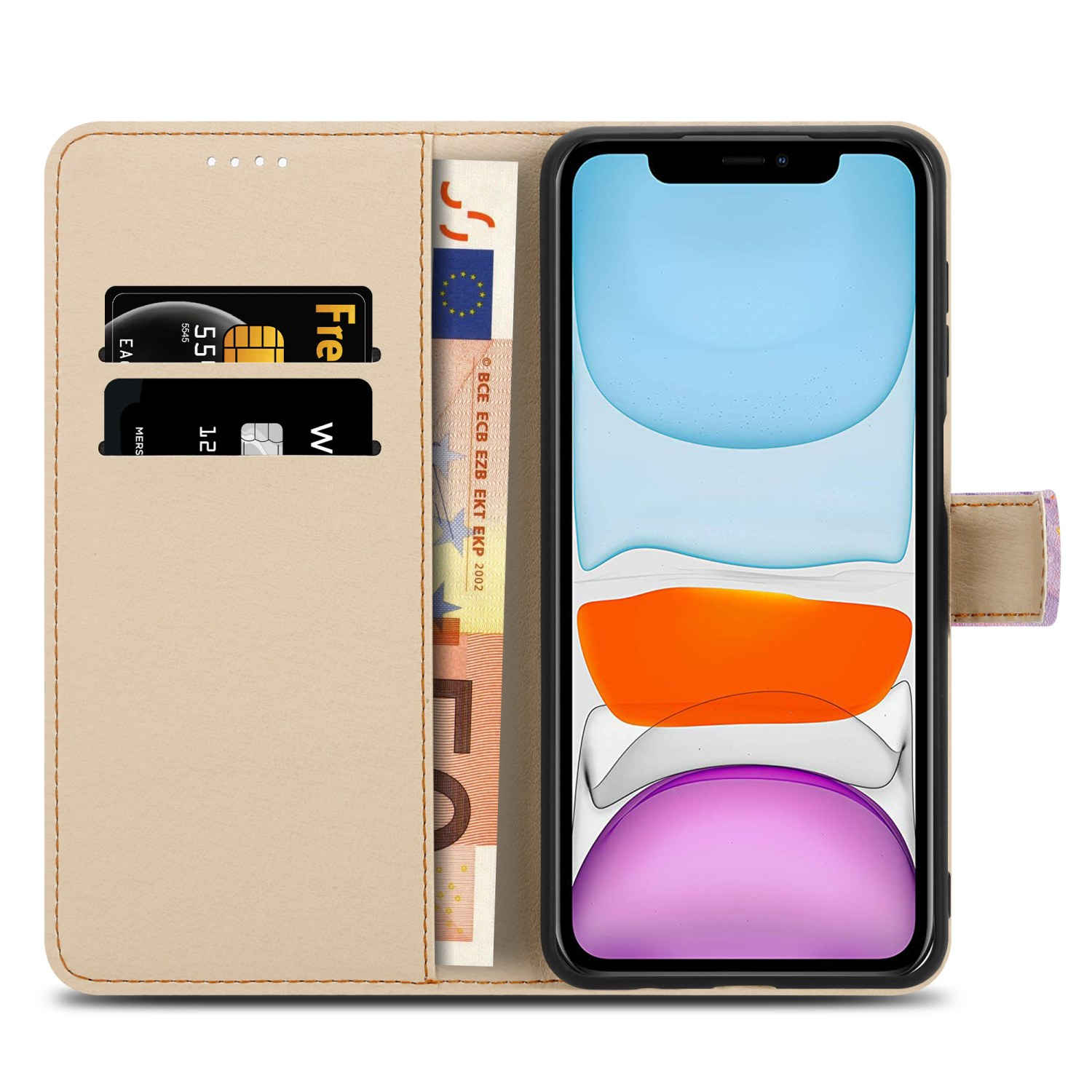 Telefon in beiger Geldbörsenhülle. Kreditkarten und Bargeld sichtbar. iPhone auf der rechten Seite.