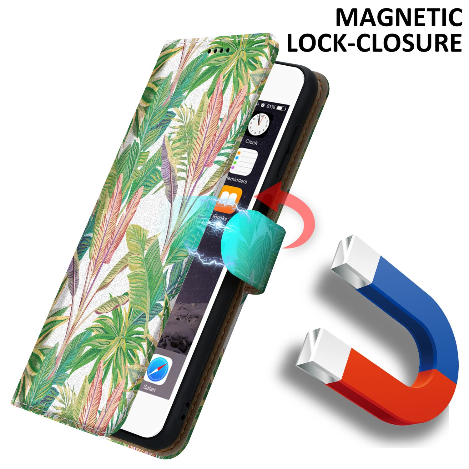 Handyhülle mit grünem und pinkfarbenem Blätterdesign, offen mit Telefon und Magnet.