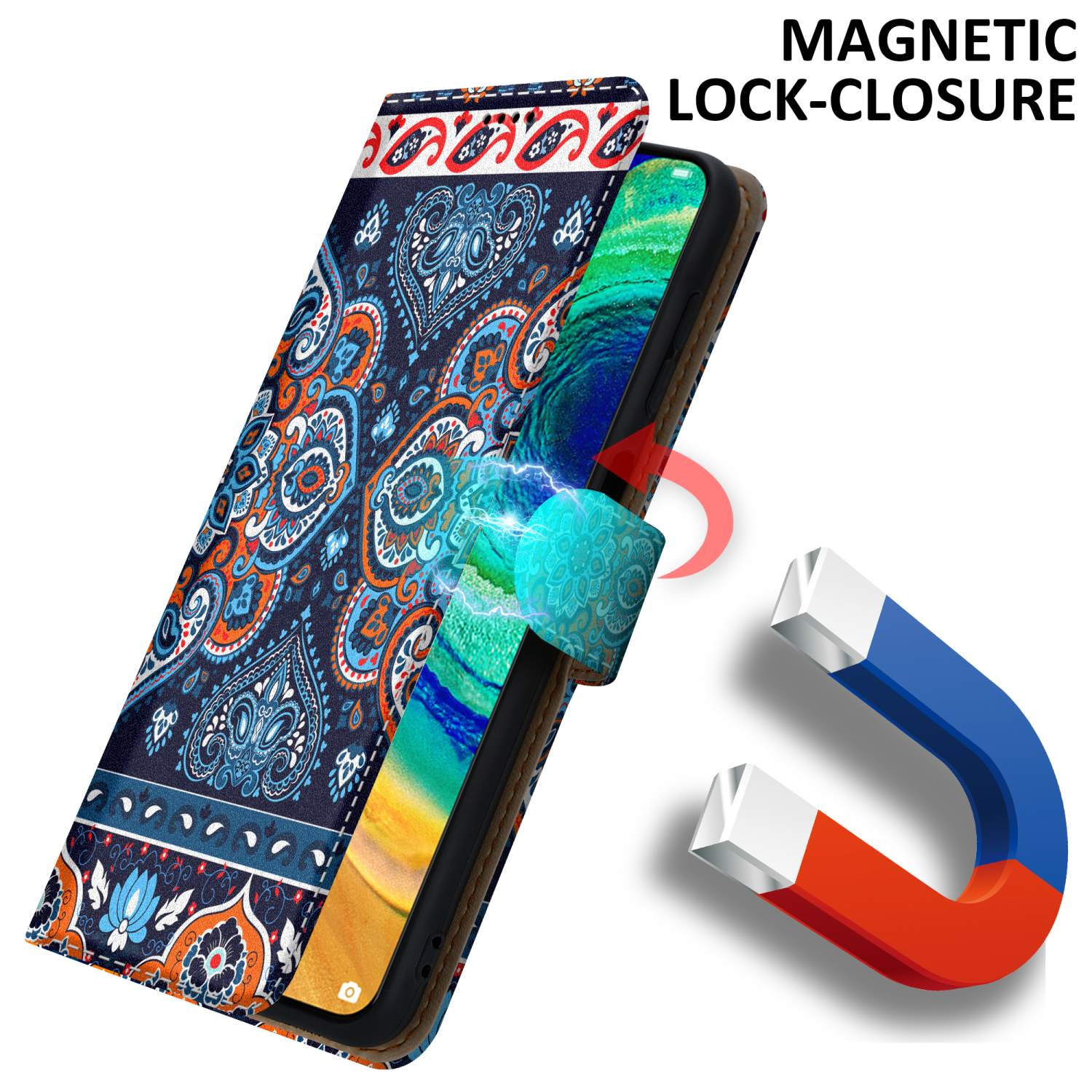 Custodia con disegno aperto, mostrando lo schermo. Un magnete è presente.