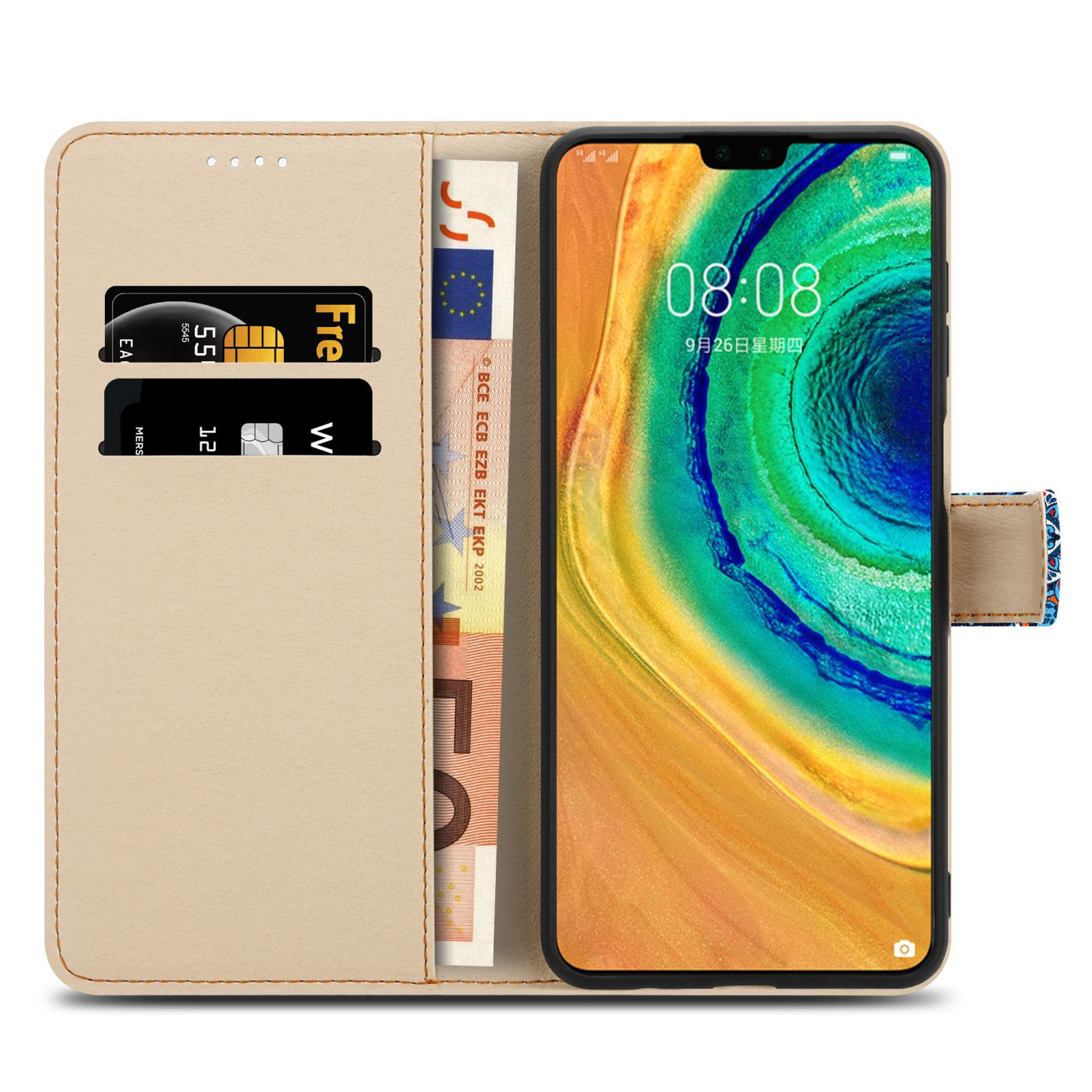 Custodia per telefono beige con un telefono all'interno. La custodia ha slot per carte con carte di credito e denaro.