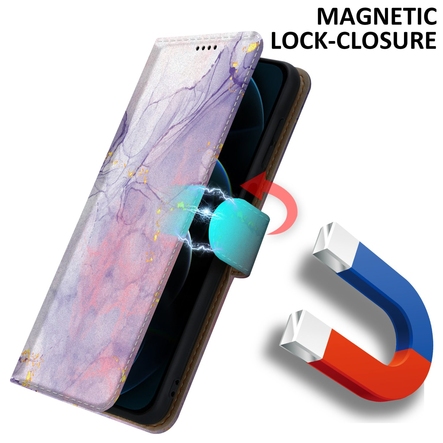 Custodia per telefono con chiusura magnetica, aperta per rivelare il telefono. Magneti rossi e blu. Motivo marmorizzato.