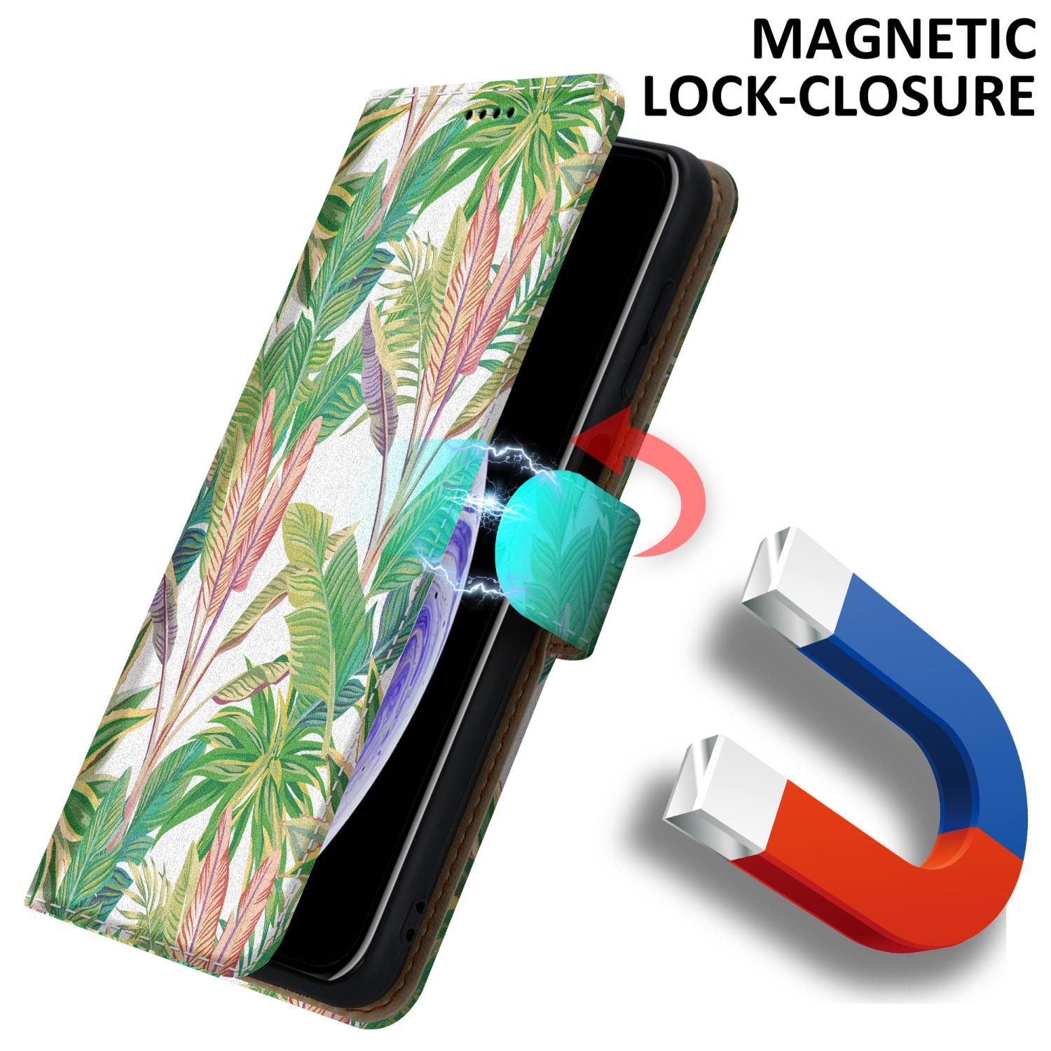 Telefono in custodia con design a foglie. Testo: Magnetic Lock-Closure. Magnete visibile.