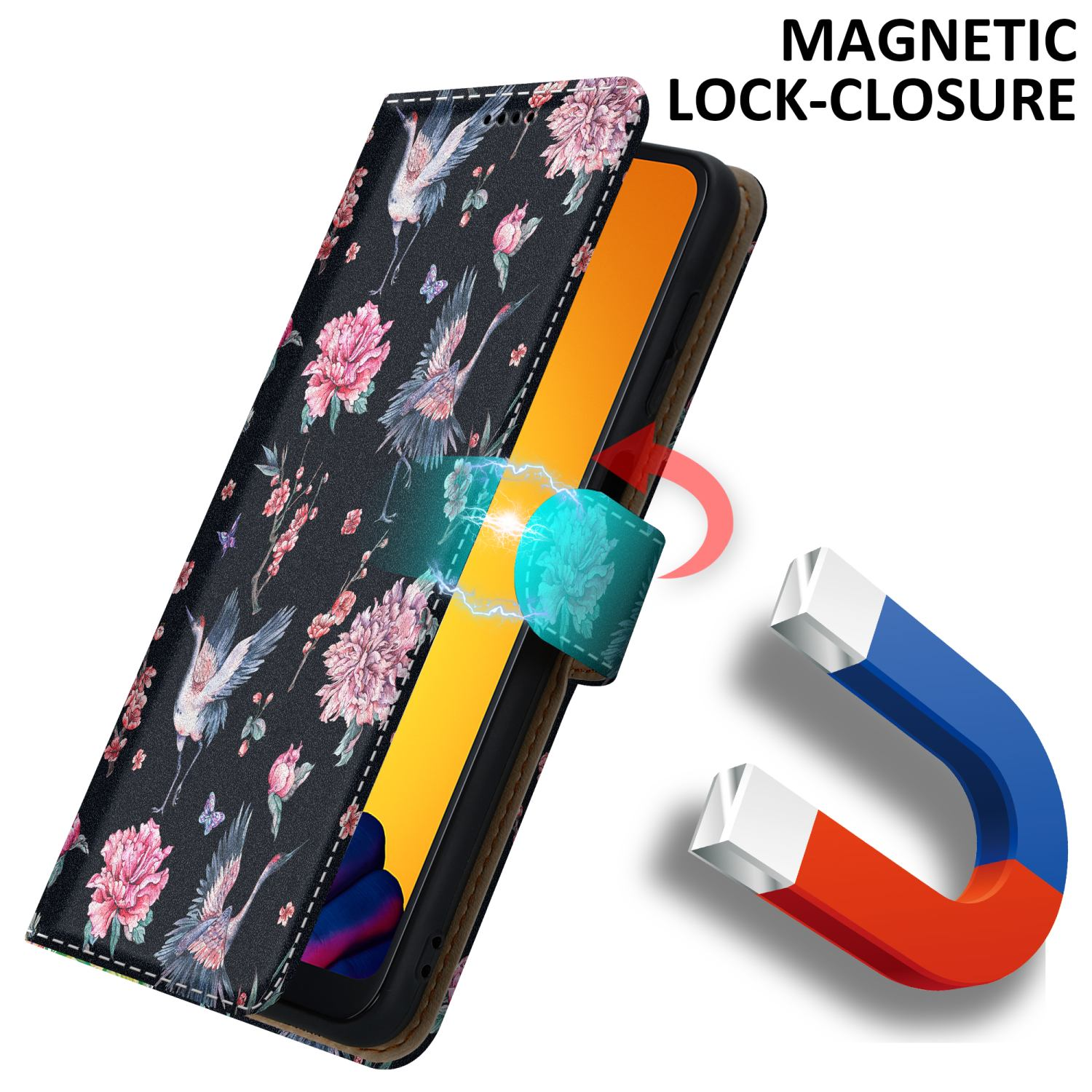 Custodia nera per telefono con design floreale, aperta per mostrare il telefono. Chiusura magnetica mostrata.