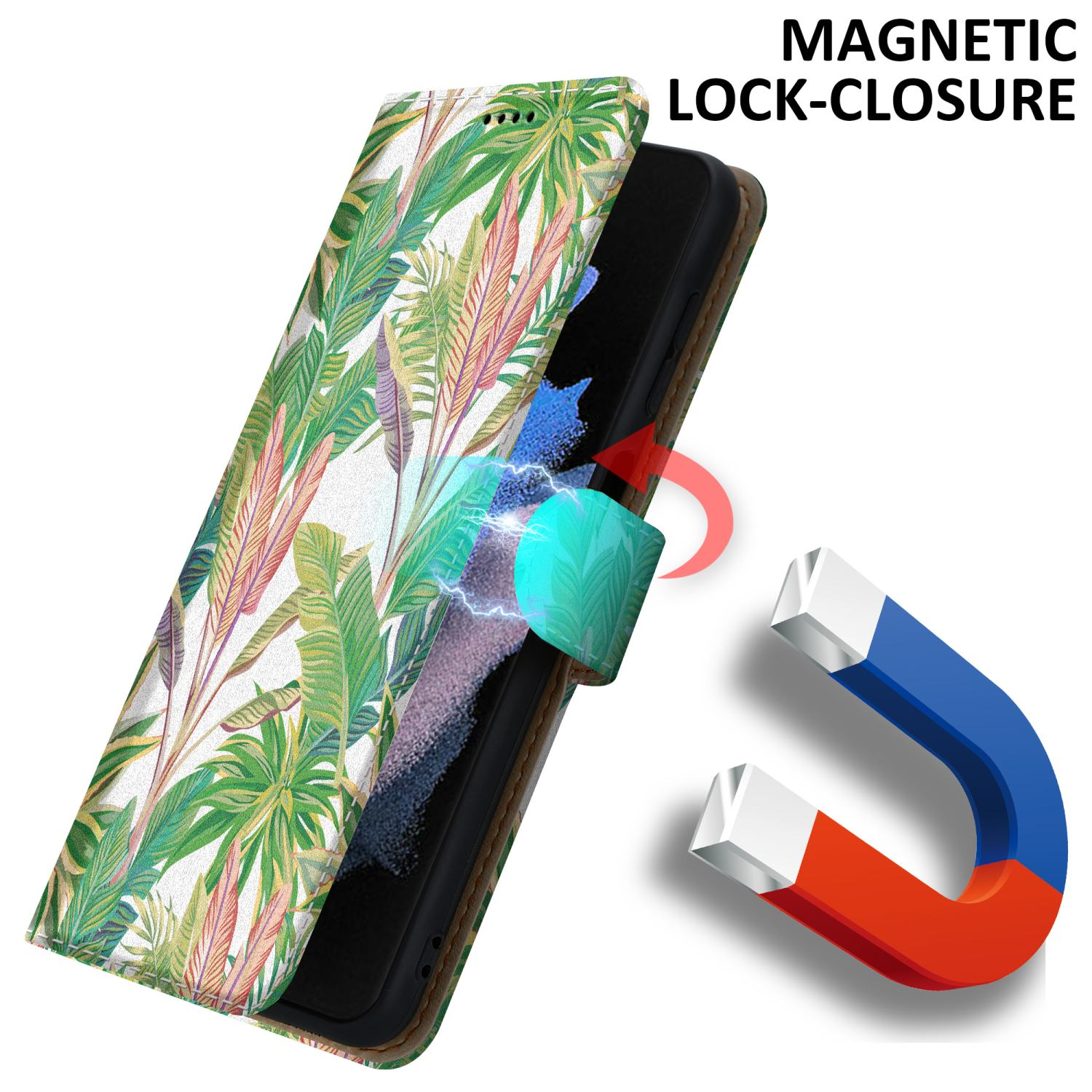Una custodia per telefono con chiusura magnetica. La custodia ha un motivo floreale sul davanti.