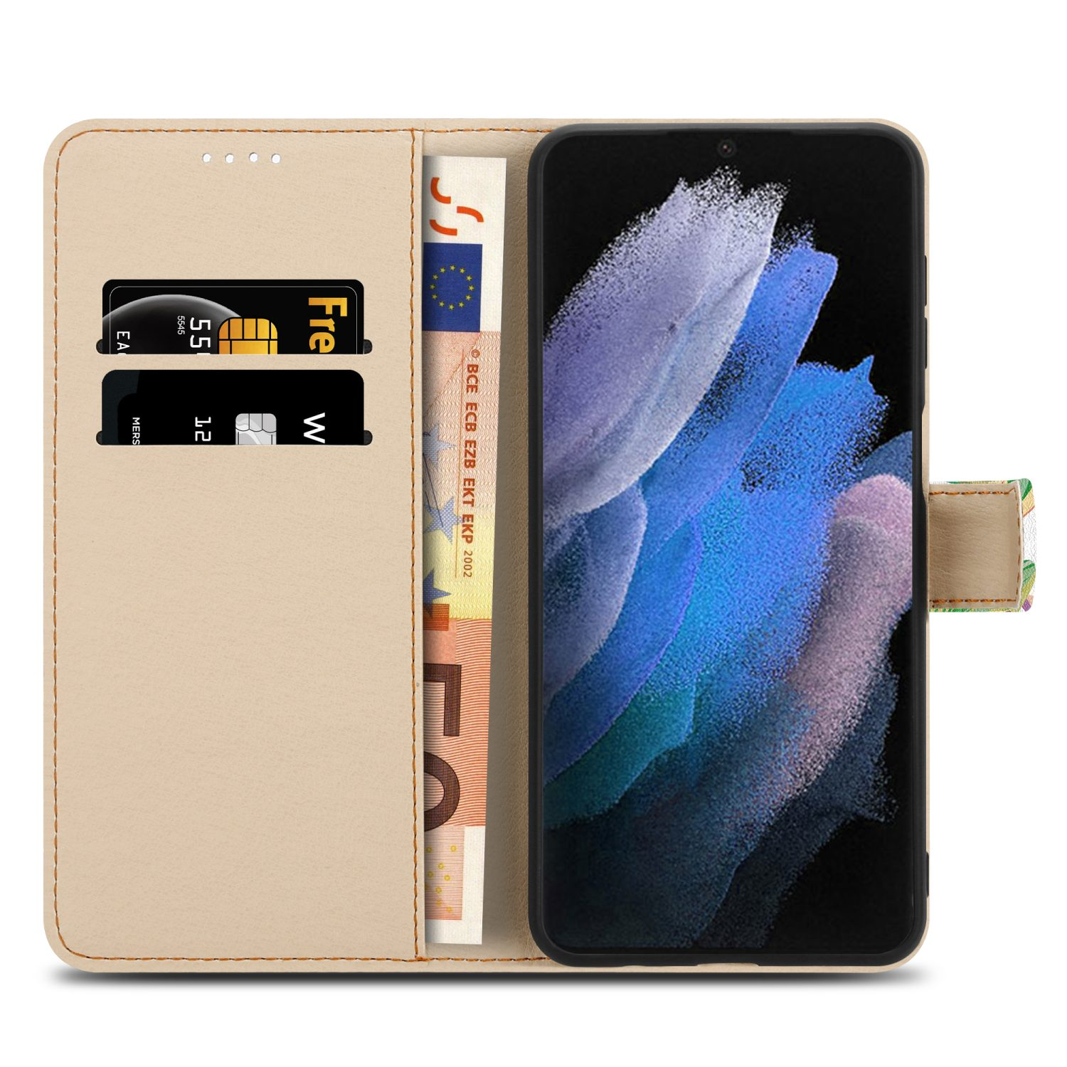 Custodia per telefono beige aperta. Telefono e denaro all'interno. Sfondo bianco. Slot per schede. Semplifica la tua vita testo.