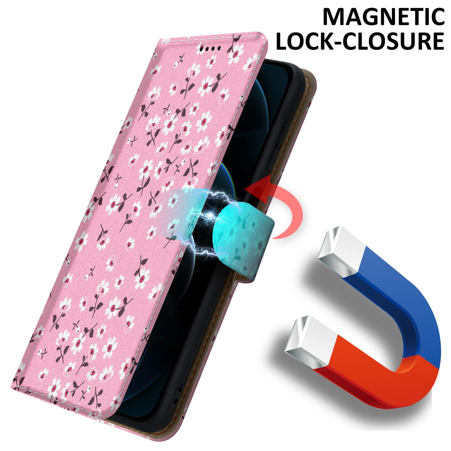 Custodia per telefono rosa floreale, aperta per rivelare un telefono. Viene mostrato un magnete. Sfondo bianco.