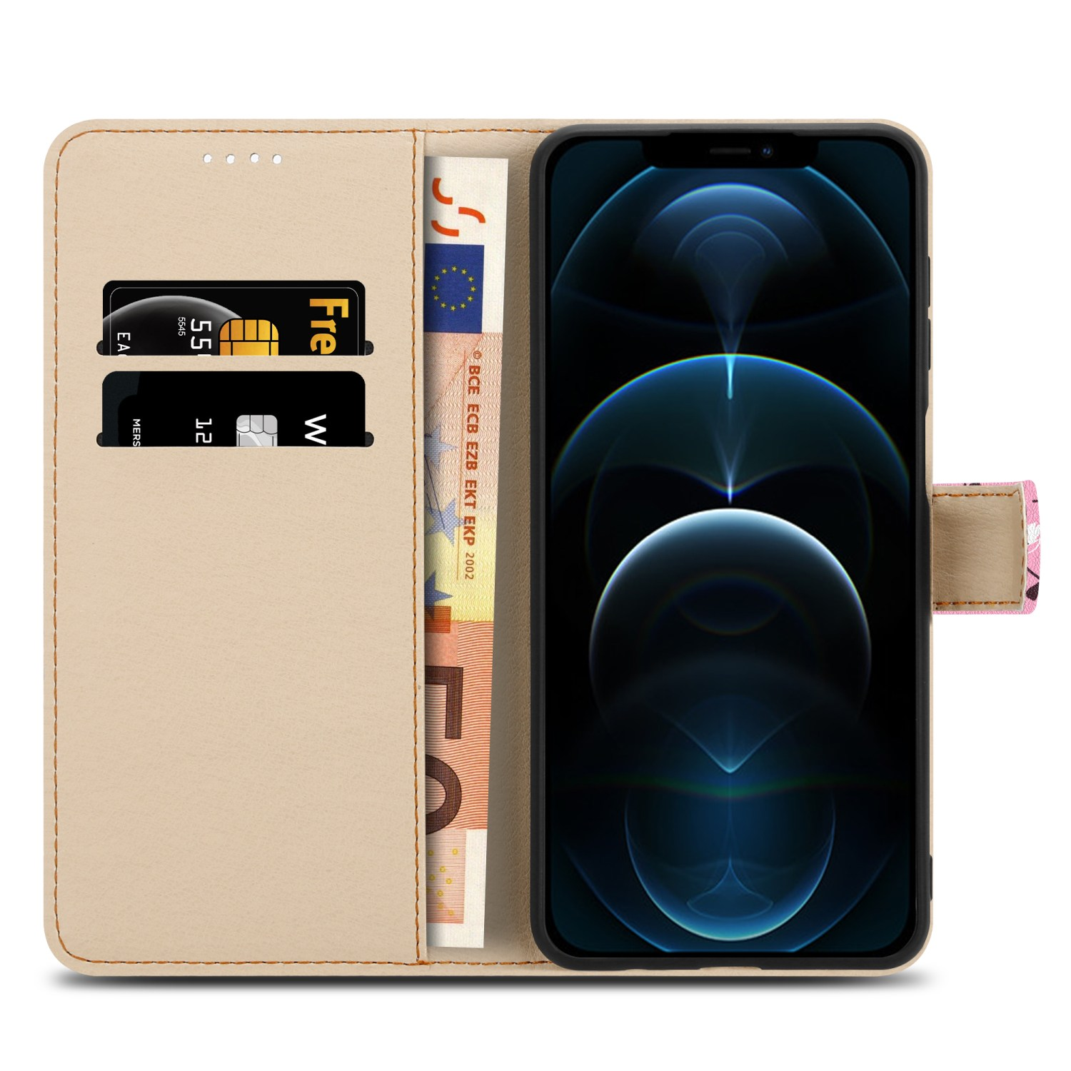 Custodia beige aperta, che mostra telefono, fessure per carte e denaro. Testo sulla carta.