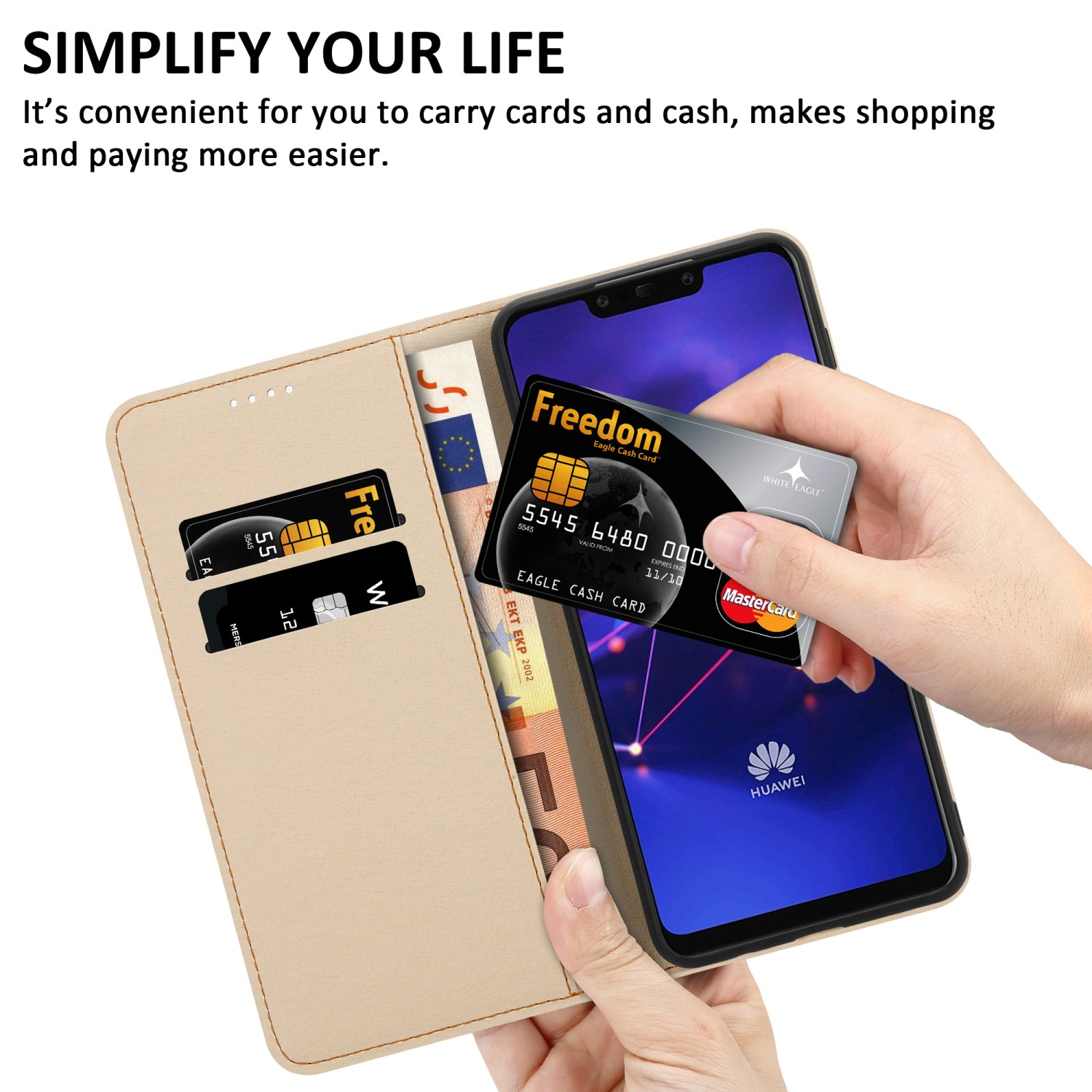 Telefono in una custodia a portafoglio beige con carte di credito e banconote in euro. Una mano tiene carta.