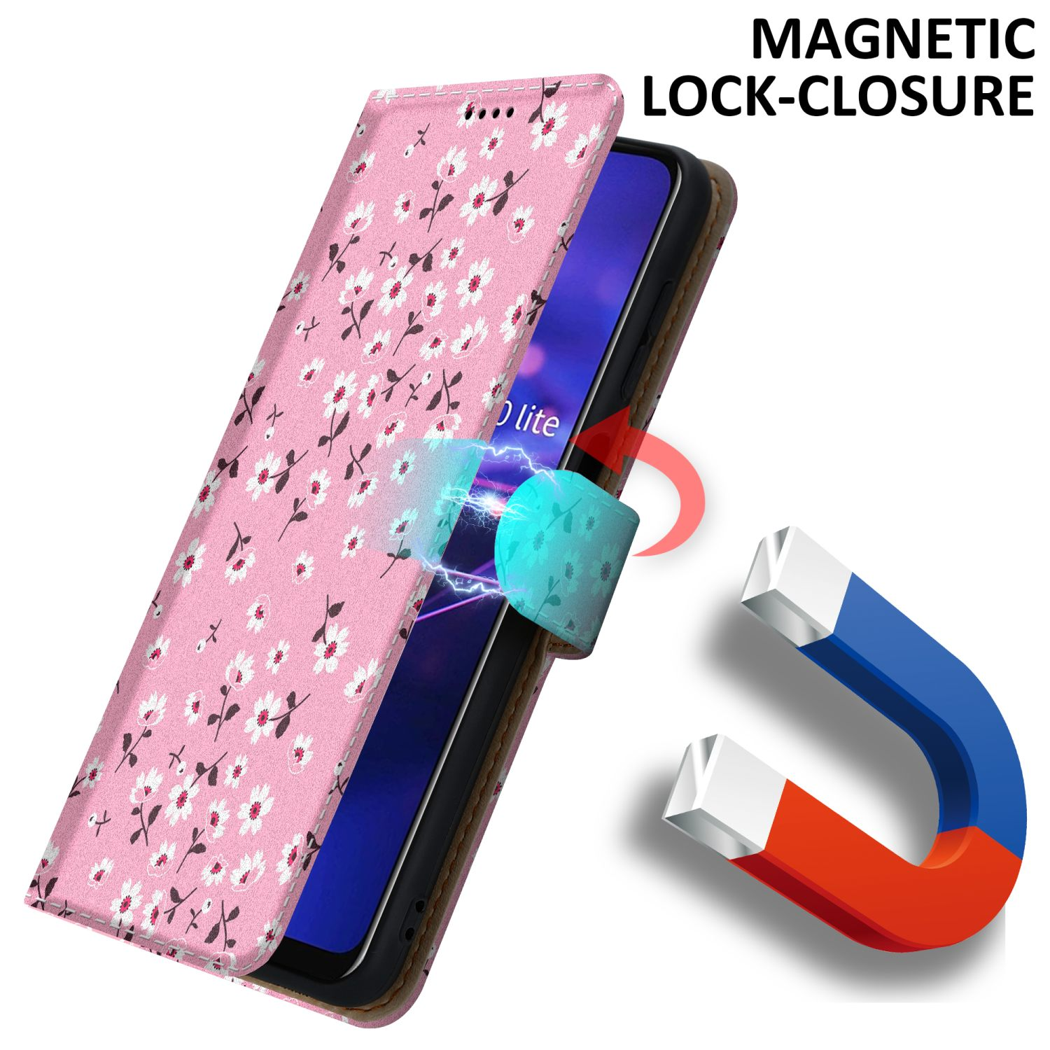 Custodia per telefono rosa con design floreale. Un magnete blocca la custodia. Testo sulla chiusura magnetica.