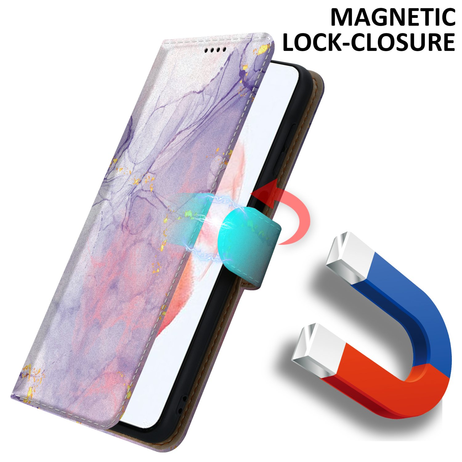 Custodia per telefono con design a marmo, aperta, con un magnete. Testo: 'Magnetic Lock-Closure'. Un telefono è visibile.