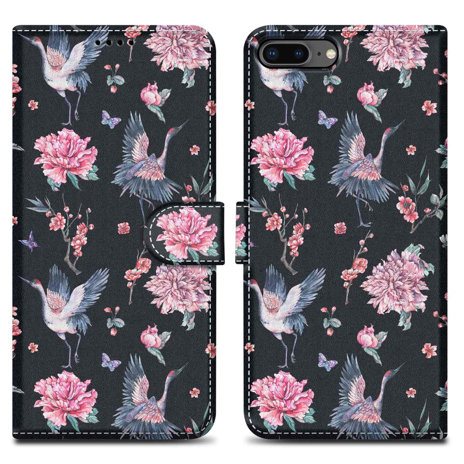 Custodia nera con gru, fiori rosa e farfalle. Aperta.