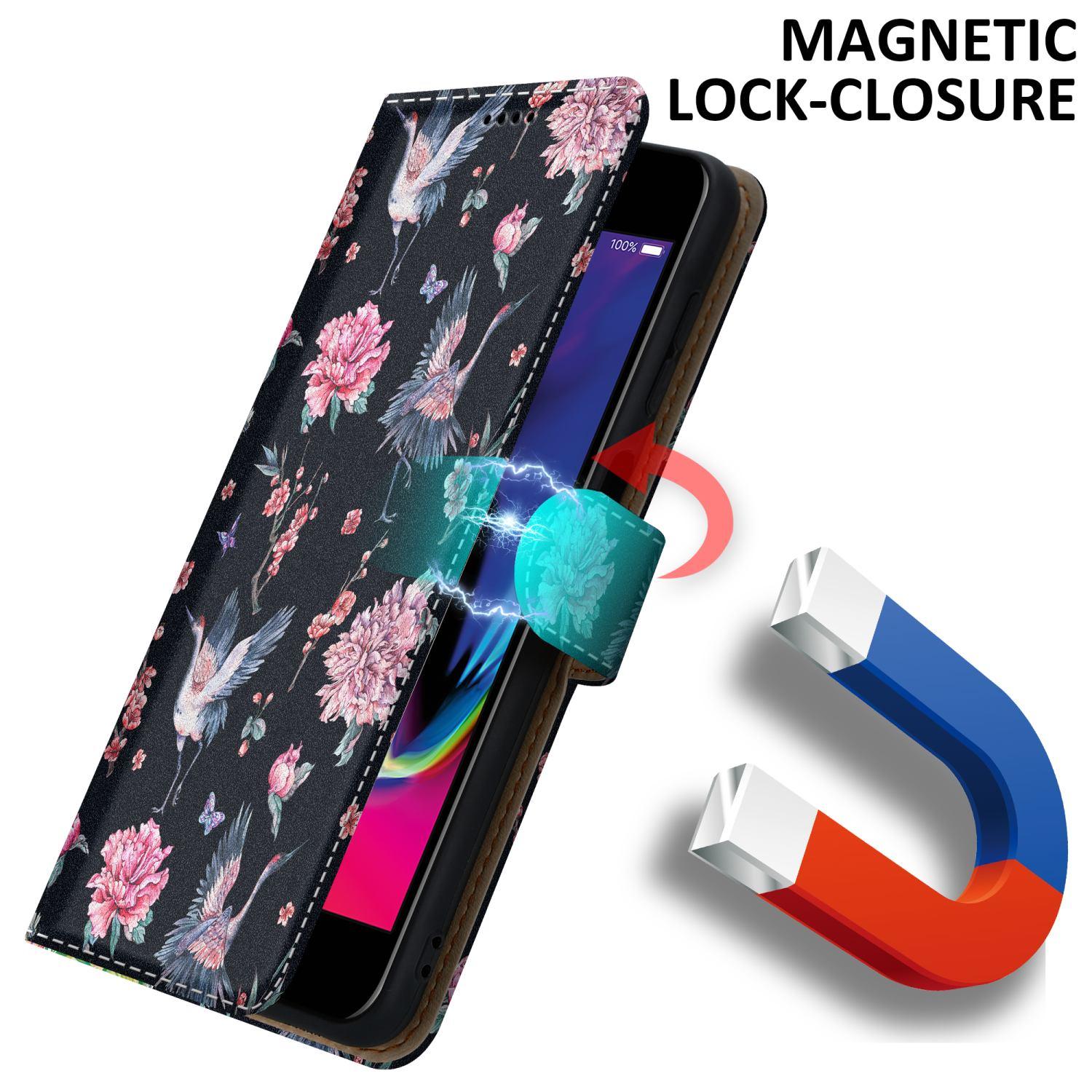 Telefono in custodia floreale, magneti visibili. Testo: 'Magnetic Lock-Closure'.