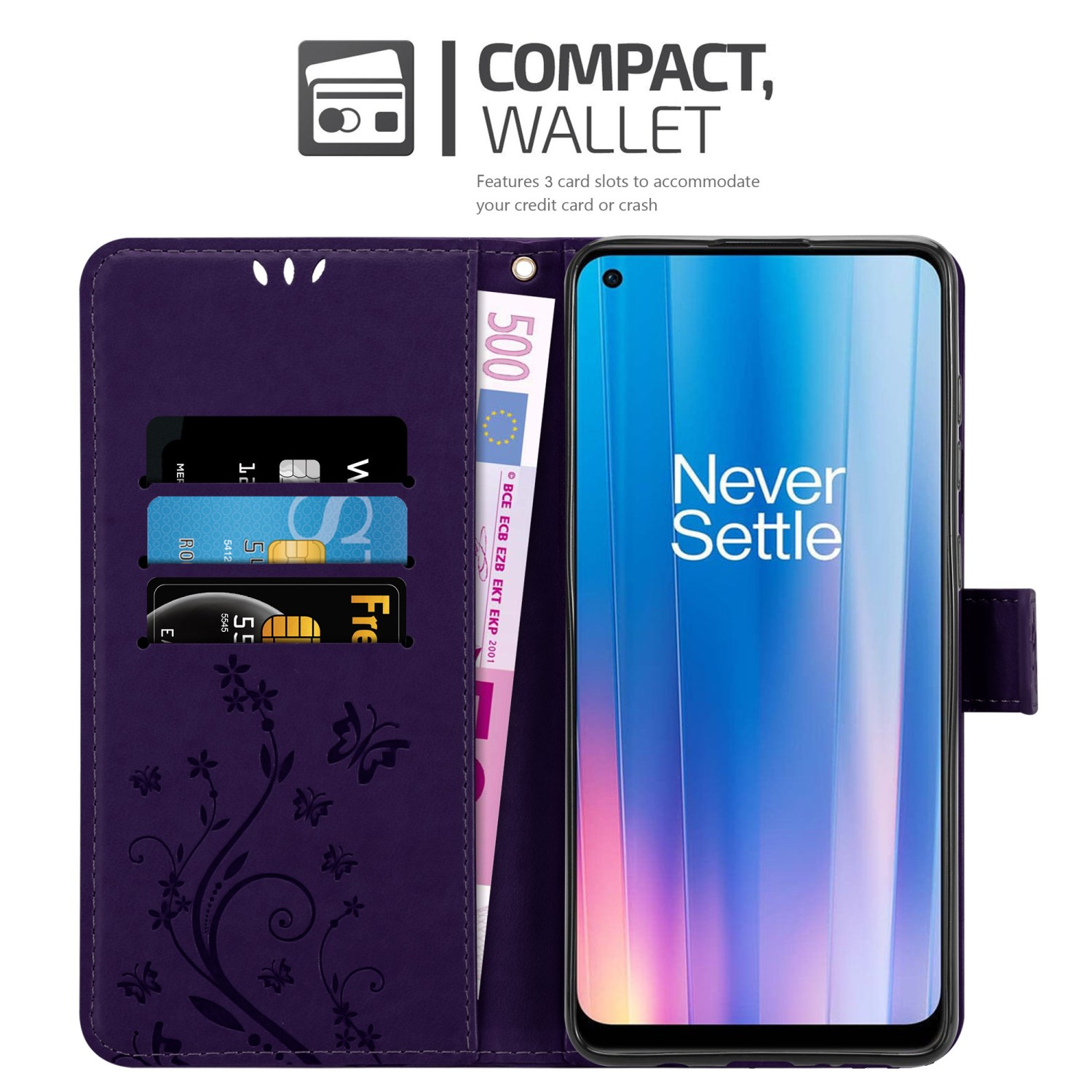 Custodia per telefono viola con carte e denaro. Il telefono mostra 'Never Settle'. Dispone di 3 slot per carte.