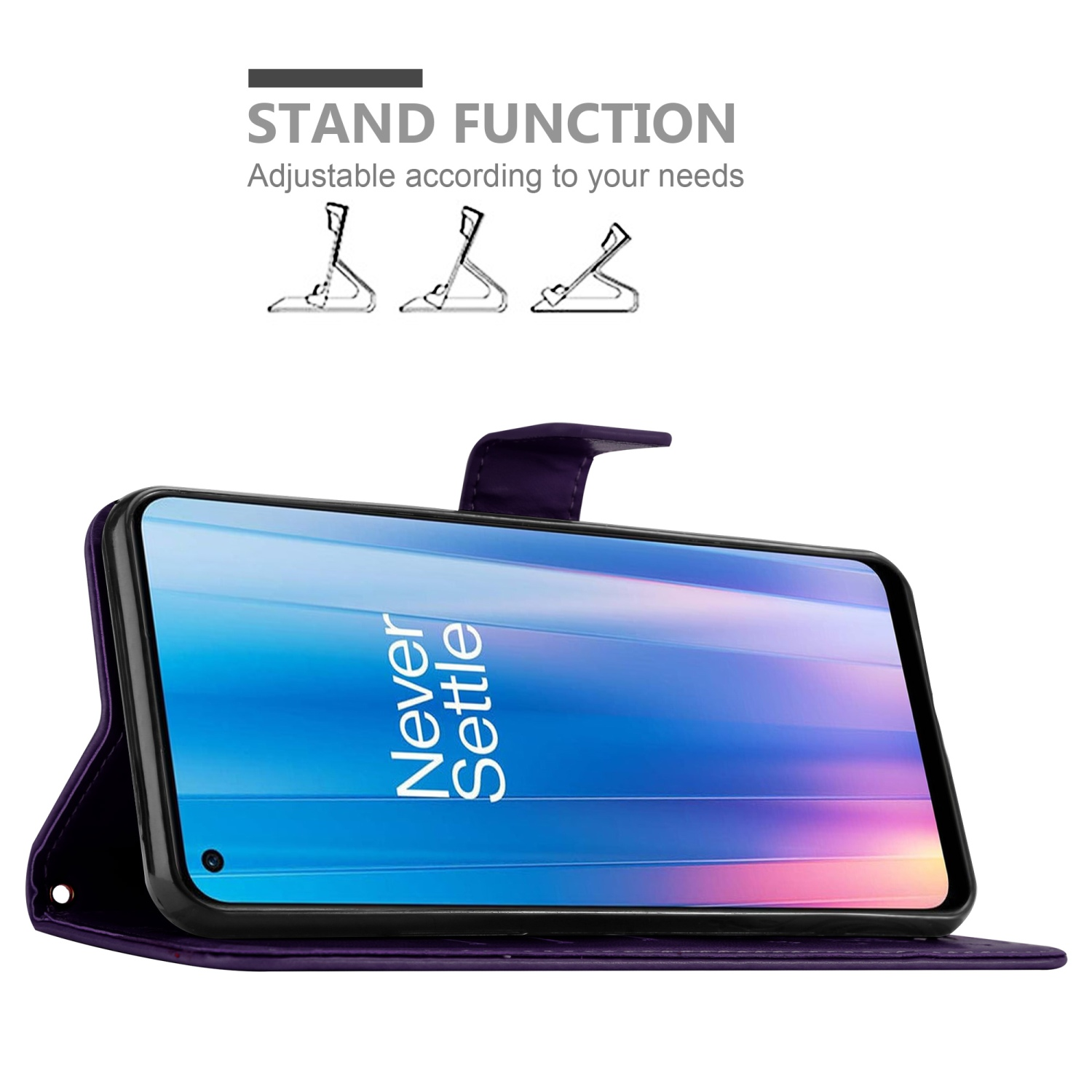 Custodia del telefono viola aperta, che mostra lo schermo del telefono. Funzione supporto in alto.