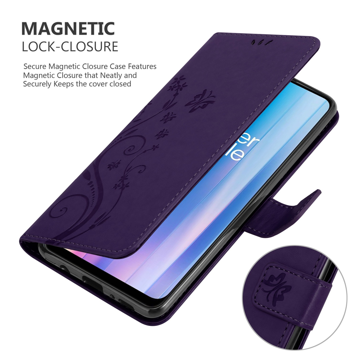 Custodia viola per telefono, aperta. Telefono all'interno. Viene mostrata la chiusura magnetica.